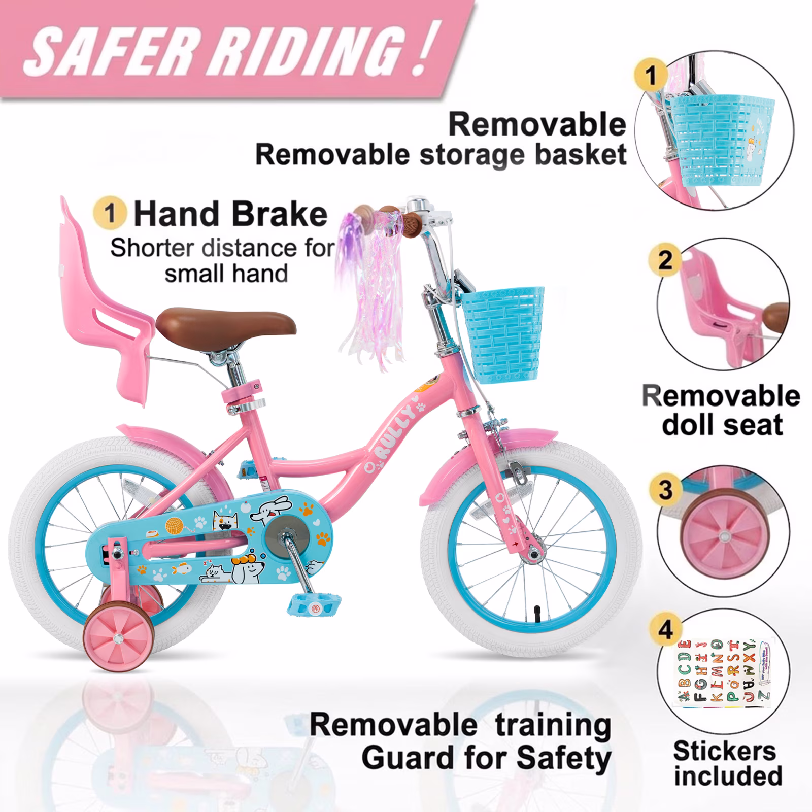 Rully 14 inch Girls Bike with Basket, Doll Seat and Training Wheels, Pink Kids Bicycle for Ages 3 - Image 2