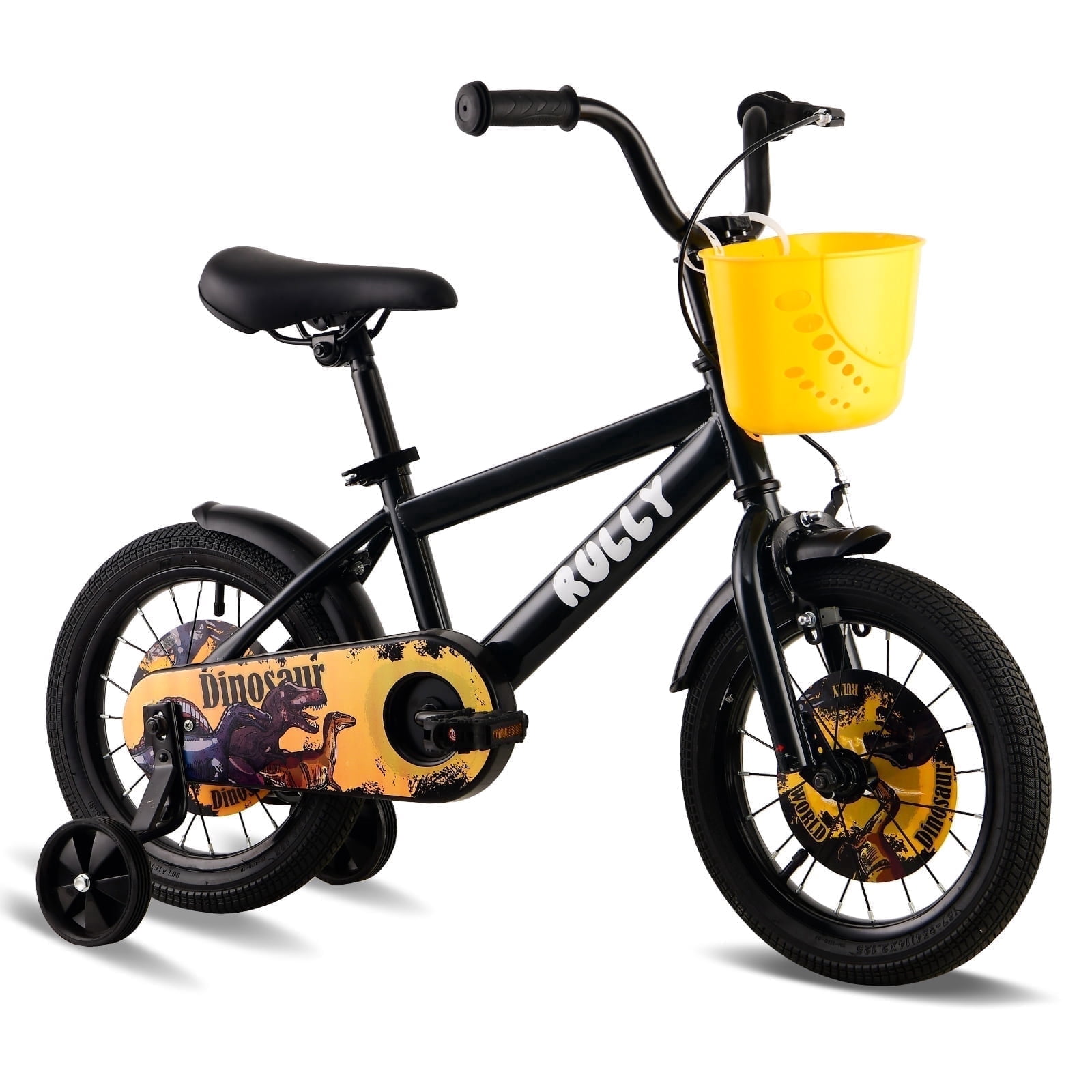 RULLY 16 inch Dinosaur Kids Bike for Boys 4-7 Years, Bicycle with Training Wheels, Basket & Coaster Brake, Black