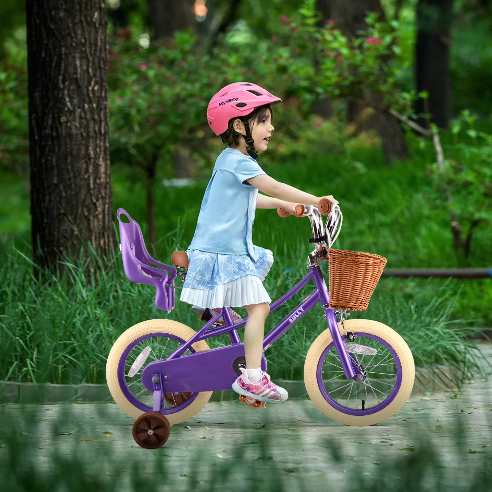 RULLY 16 Inch Girls Bike for Ages 4-7, Kids Bicycle with Training Wheels, Basket & Doll Seat, Purple Retro Cruiser Bike with Coaster Brake - Image 3