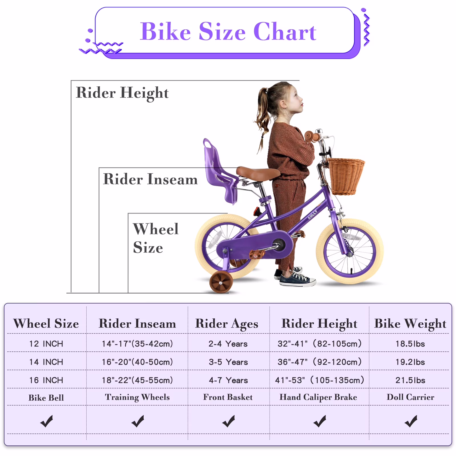 RULLY 16 Inch Girls Bike for Ages 4-7, Kids Bicycle with Training Wheels, Basket & Doll Seat, Purple Retro Cruiser Bike with Coaster Brake - Image 2