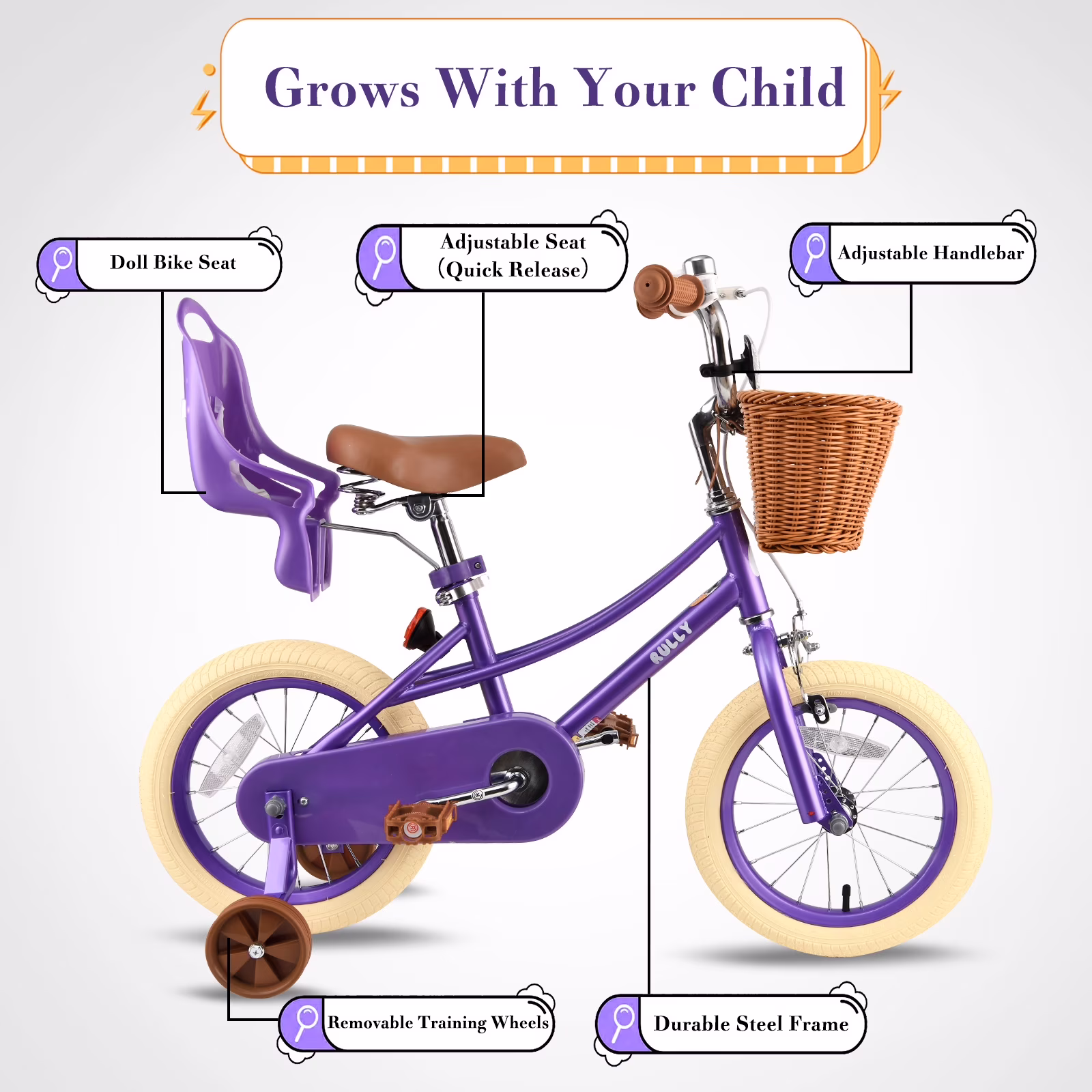 RULLY 16 Inch Girls Bike for Ages 4-7, Kids Bicycle with Training Wheels, Basket & Doll Seat, Purple Retro Cruiser Bike with Coaster Brake - Image 5