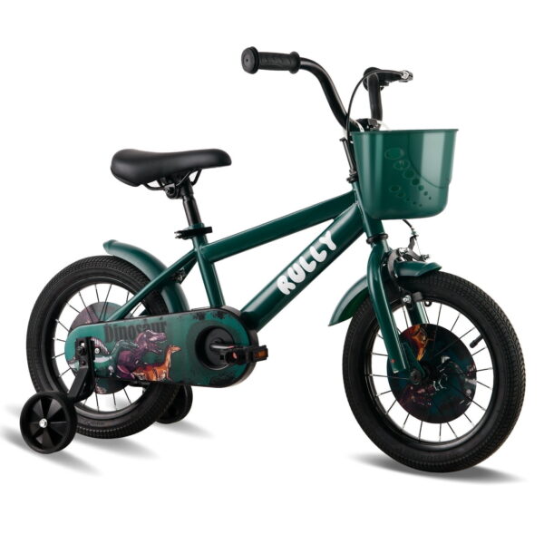 RULLY Dinosaur 12 Inch Kids Bike for Boys Ages 2-4, with Basket & Training Wheels, Green