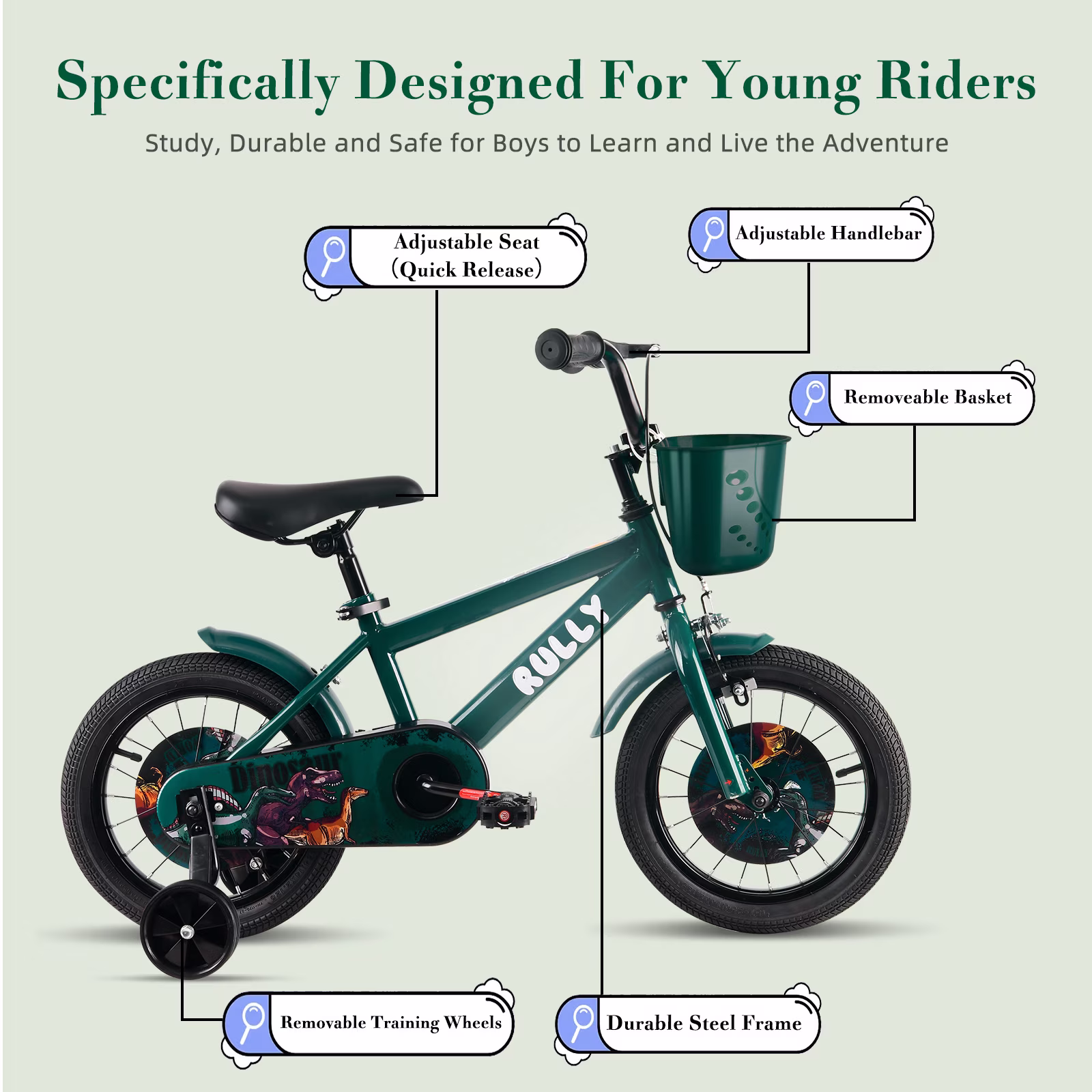 RULLY Dinosaur 14 Inch Kids Bike for Boys Ages 3-5, with Basket & Training Wheels, Green - Image 2