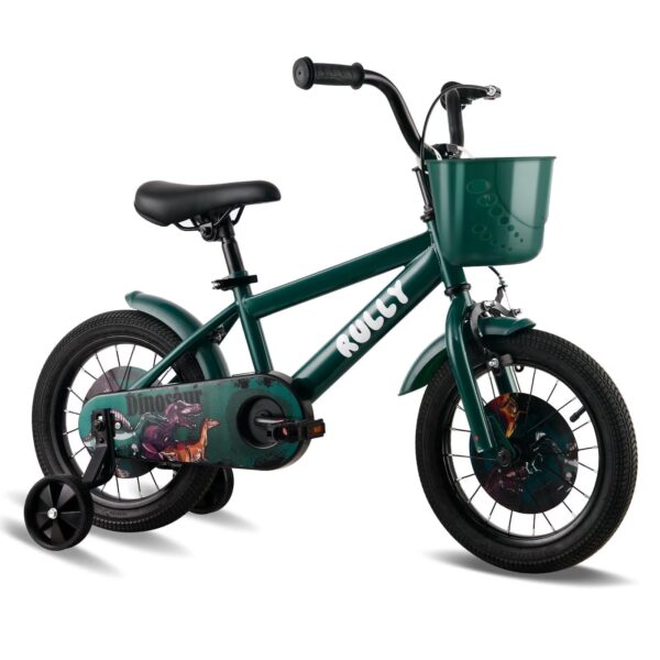 Rully 16 inch Dinosaur Kids Bike for Boys 4-7 Years, Bicycle with Training Wheels, Basket & Coaster Brake, Green