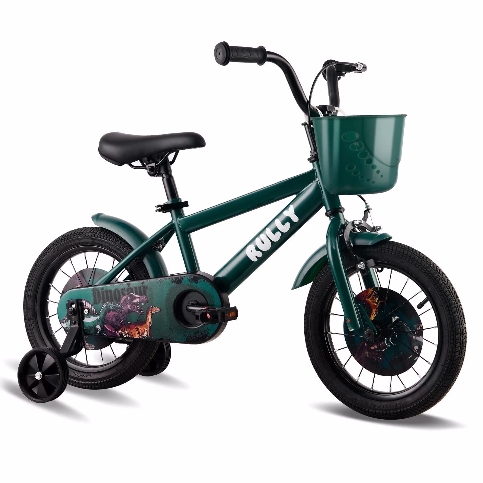 RULLY Dinosaur 14 Inch Kids Bike for Boys Ages 3-5, with Basket & Training Wheels, Green