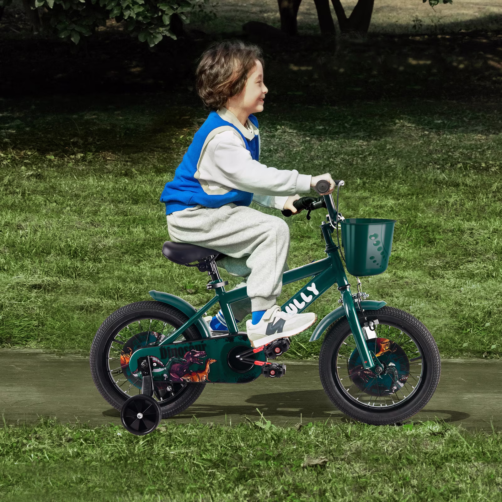 RULLY Dinosaur 14 Inch Kids Bike for Boys Ages 3-5, with Basket & Training Wheels, Green - Image 4