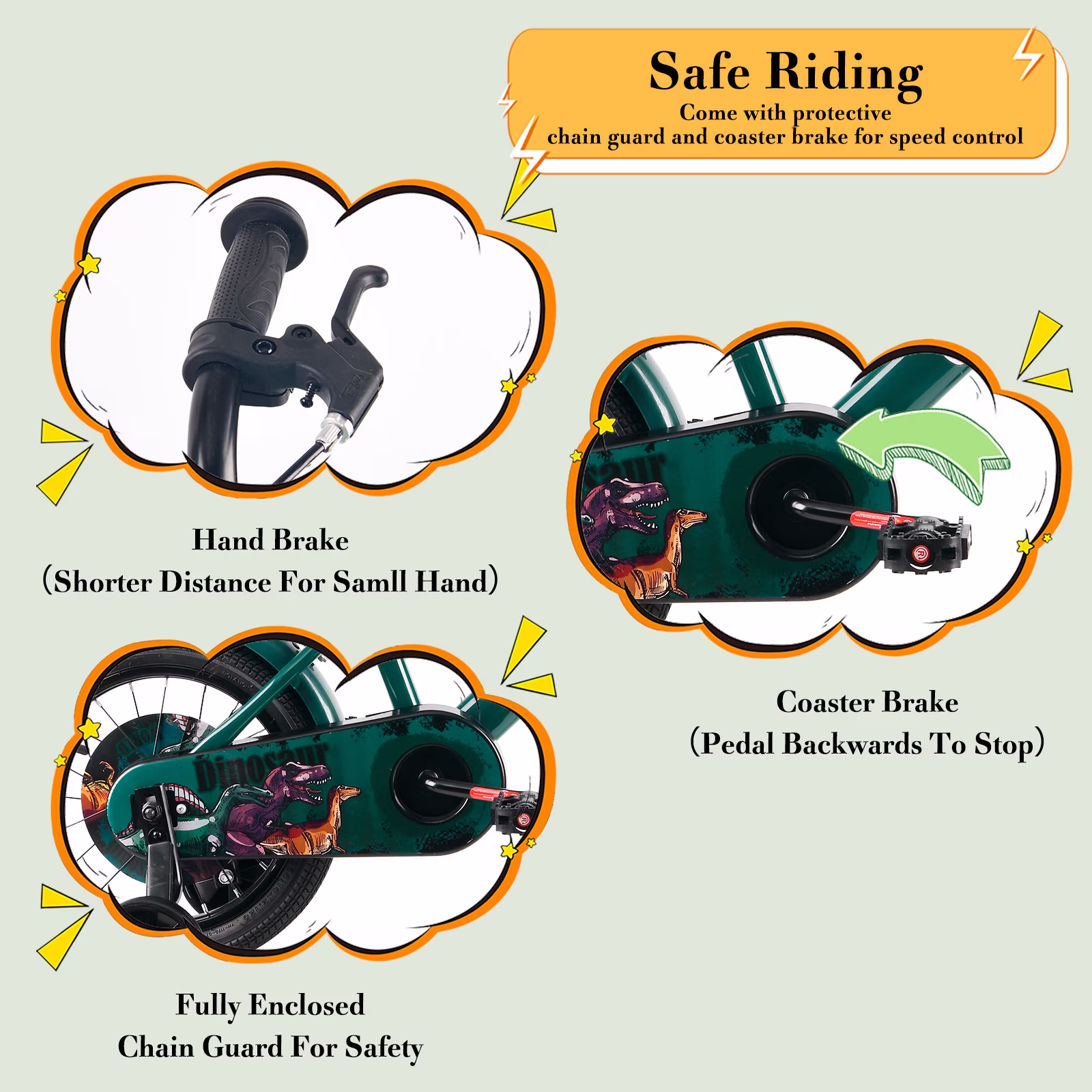 RULLY Dinosaur 14 Inch Kids Bike for Boys Ages 3-5, with Basket & Training Wheels, Green - Image 5