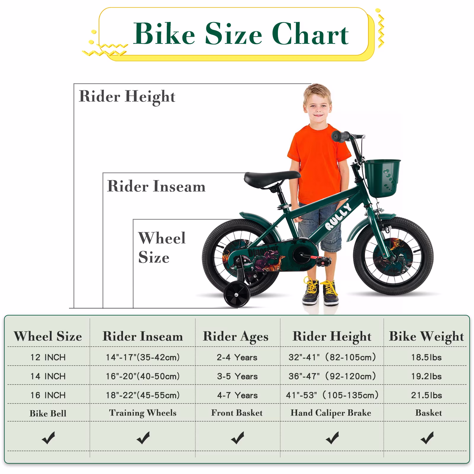 RULLY Dinosaur 14 Inch Kids Bike for Boys Ages 3-5, with Basket & Training Wheels, Green - Image 3