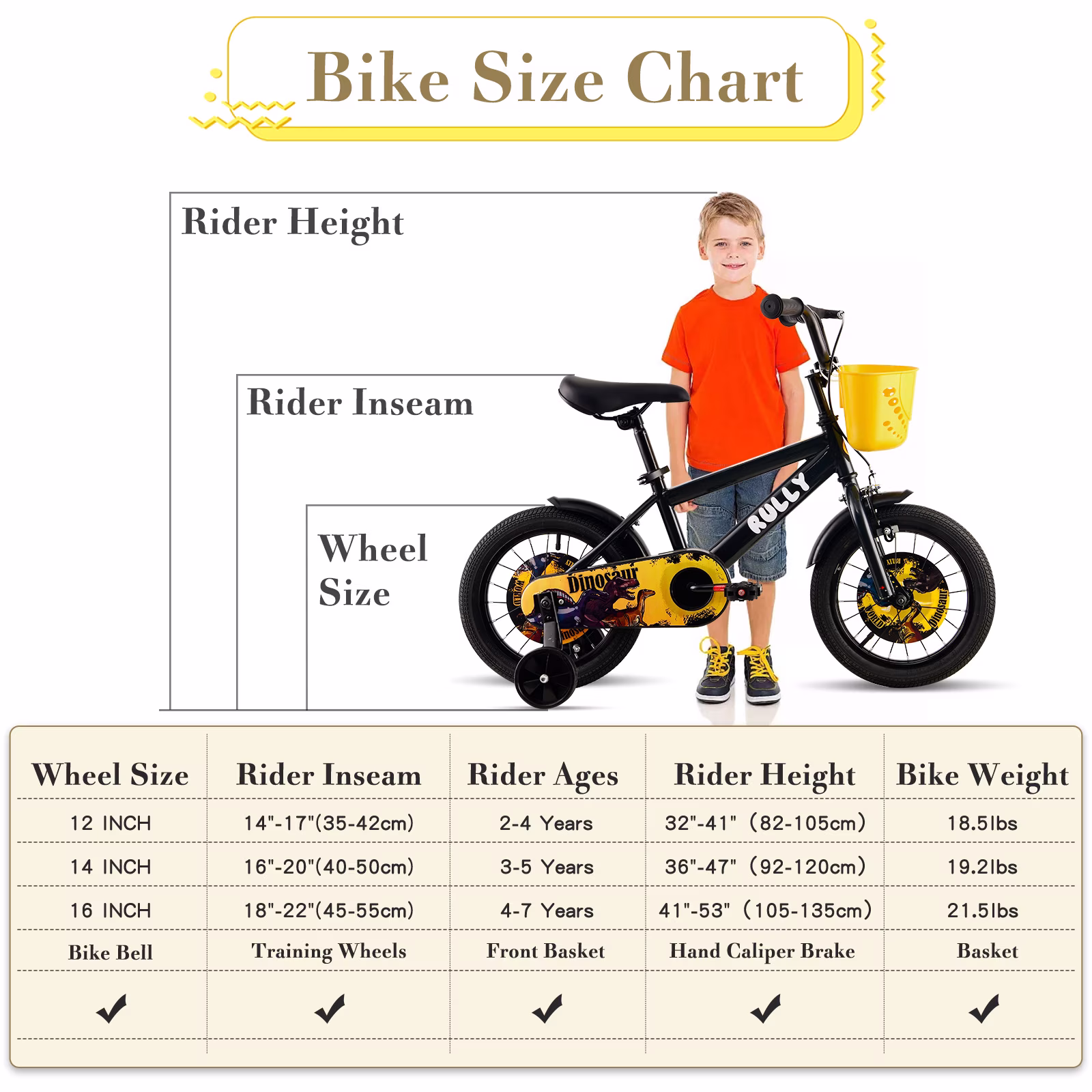 RULLY Dinosaur 16 Inch Kids Bike for Boys Ages 4-7, with Basket & Training Wheels, Black - Image 3