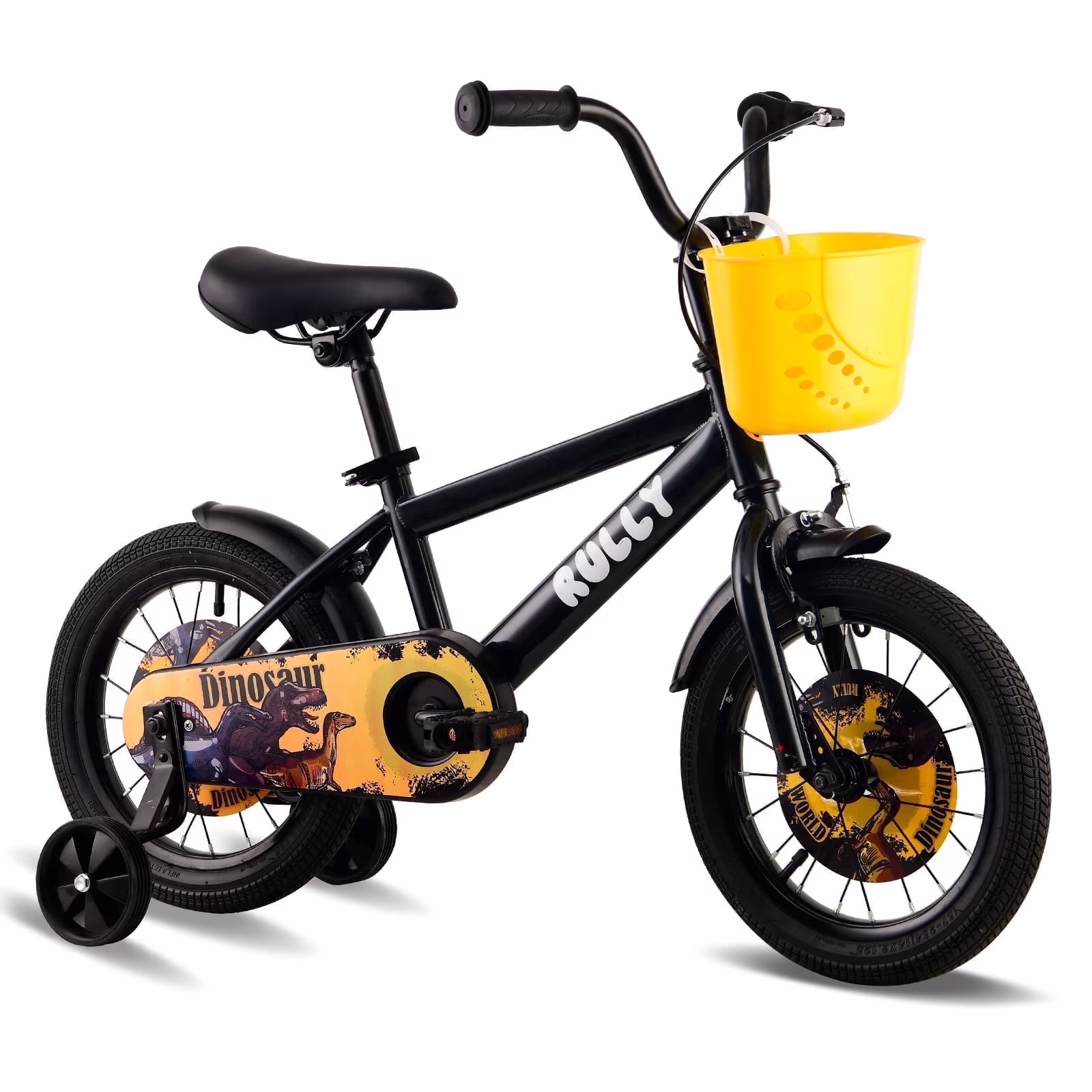 RULLY Dinosaur 16 Inch Kids Bike for Boys Ages 4-7, with Basket & Training Wheels, Black