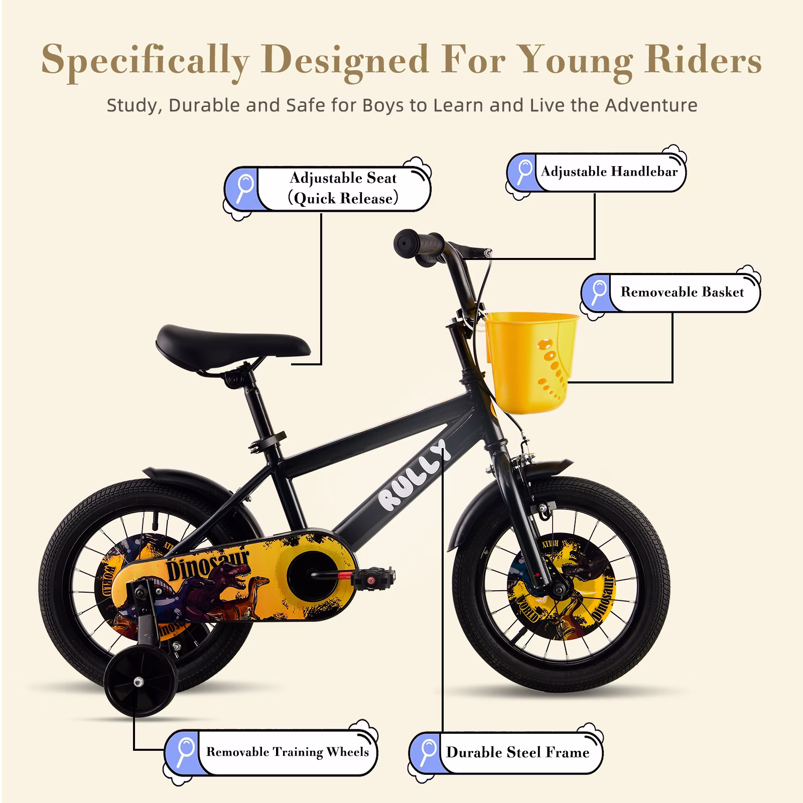 RULLY Dinosaur 16 Inch Kids Bike for Boys Ages 4-7, with Basket & Training Wheels, Black - Image 2