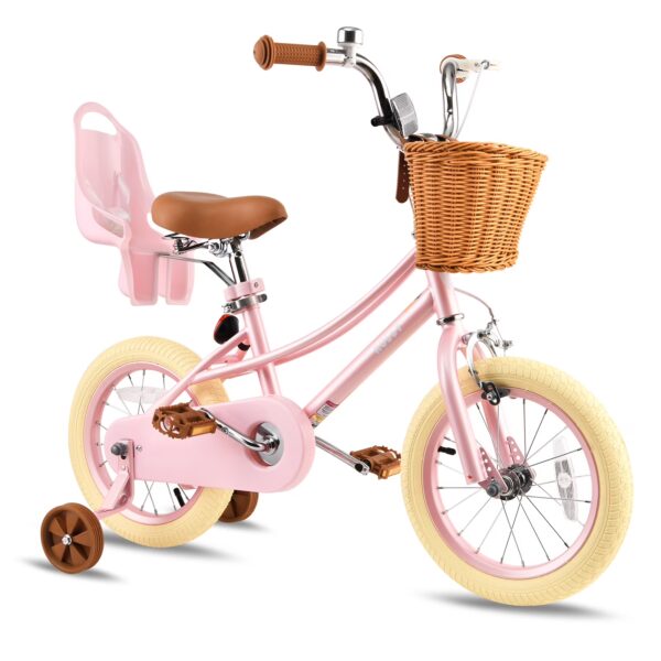 RULLY 14 Inch Girls Bike for Ages 3-5, Kids Bicycle with Training Wheels, Basket & Doll Seat, Pearl Pink Retro Cruiser Bike with Coaster Brake