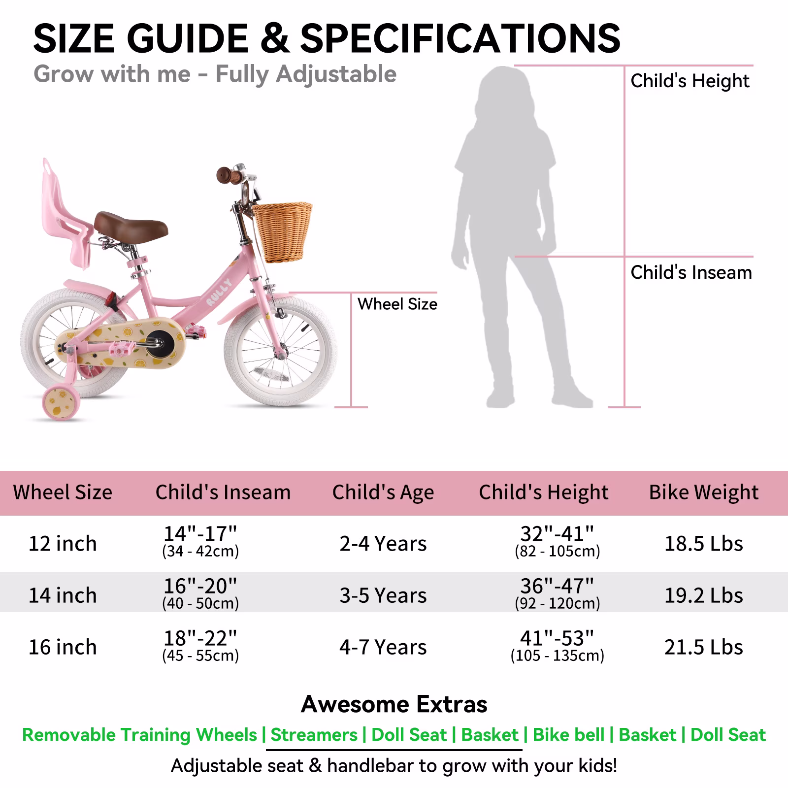 Rully Lemon Kids Bike 14 Inch Bicycle for Girls Ages 3 4 5 Years, Girl Bikes with Basket & Doll Seat,Pink - Image 3