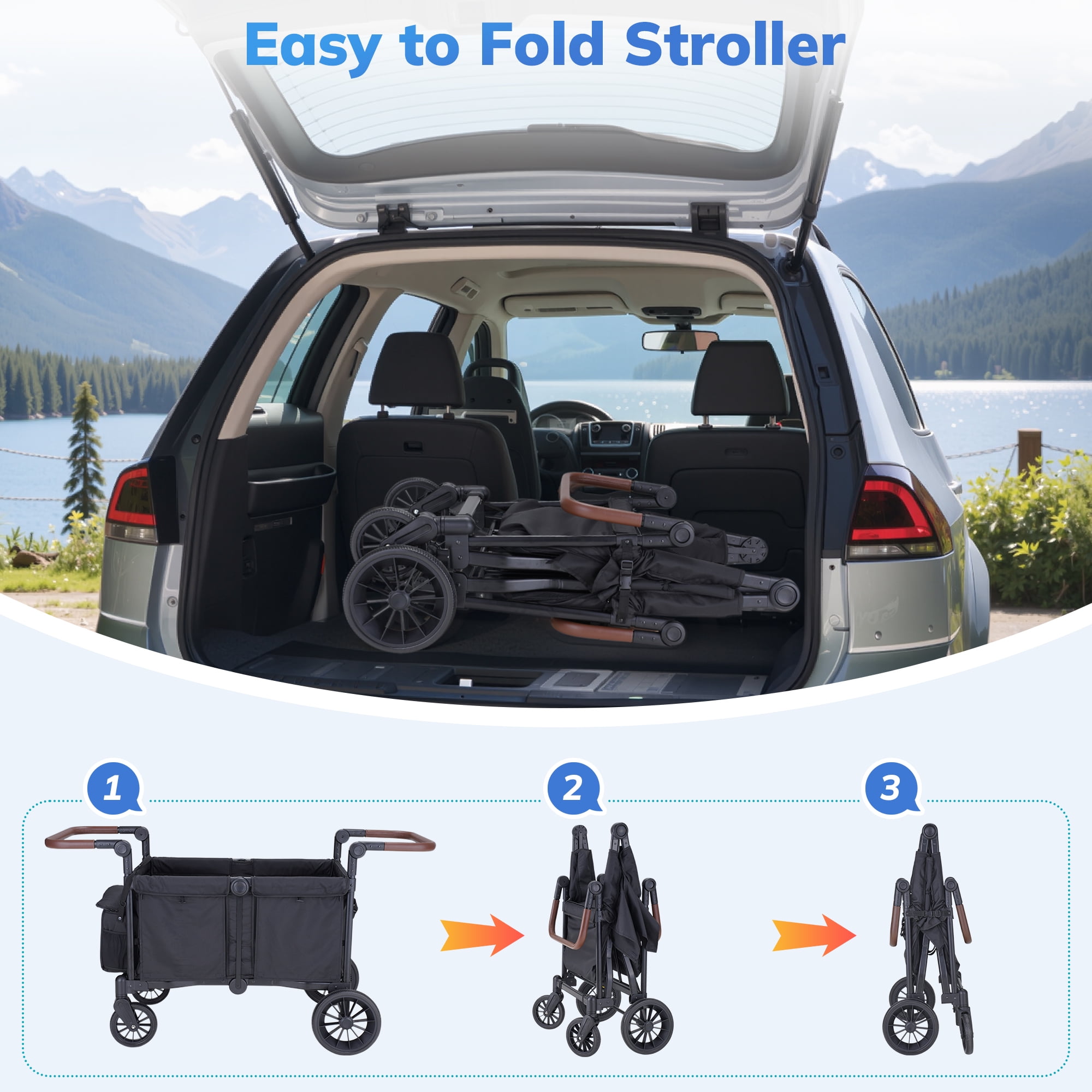 SACVON 4-in-1 Baby Stroller Wagon, 4-Seat Convertible Wagon for Kids with Removable Canopy, Cooler Bag, Adjustable Handle, for Outdoor Camping & Travel, Black - Image 5