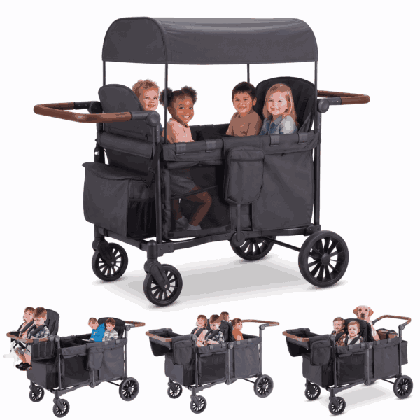 SACVON 4-in-1 Baby Stroller Wagon, 4-Seat Convertible Wagon for Kids with Removable Canopy, Cooler Bag, Adjustable Handle, for Outdoor Camping & Travel, Black