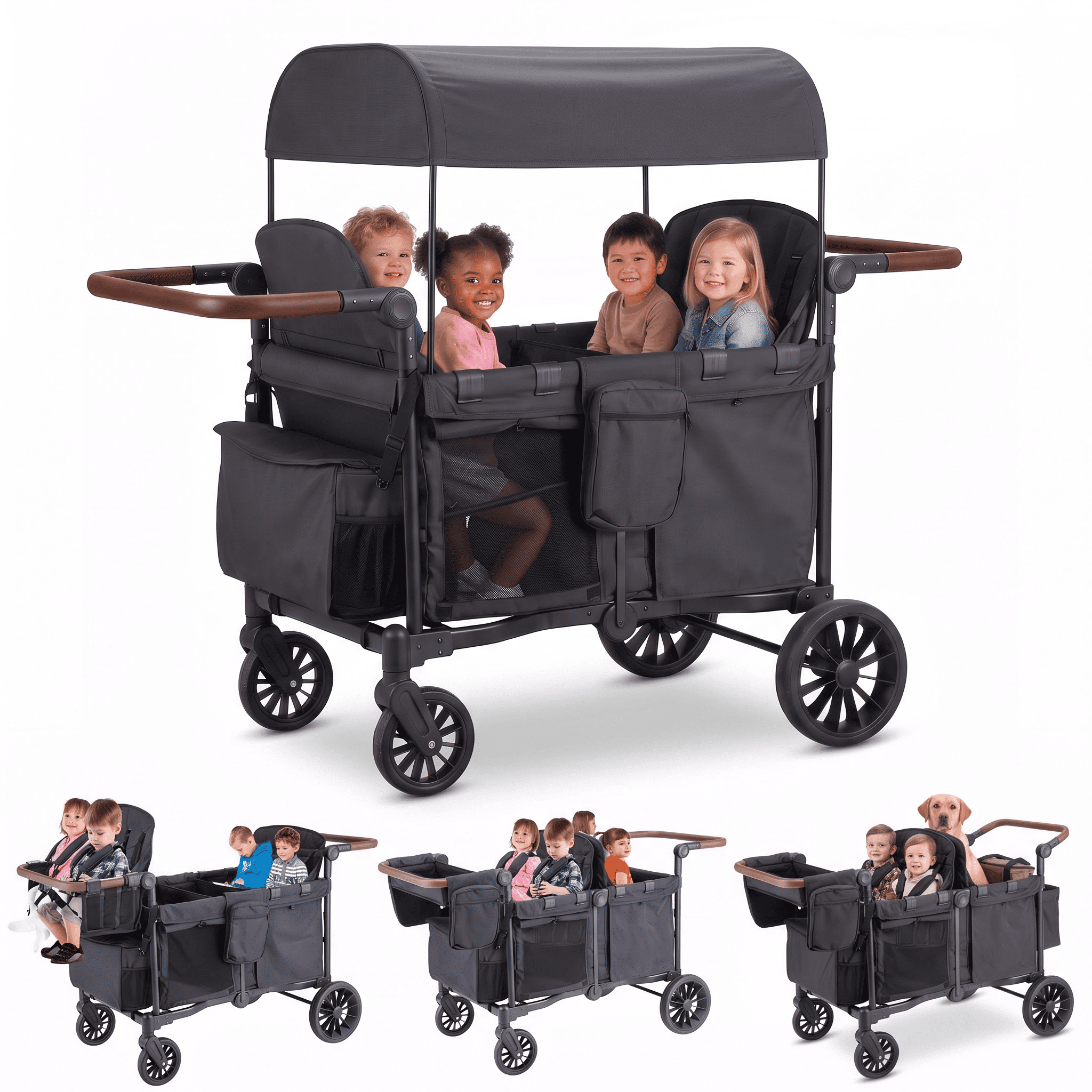 SACVON 4-in-1 Baby Stroller Wagon, 4-Seat Convertible Wagon for Kids with Removable Canopy, Cooler Bag, Adjustable Handle, for Outdoor Camping & Travel, Black