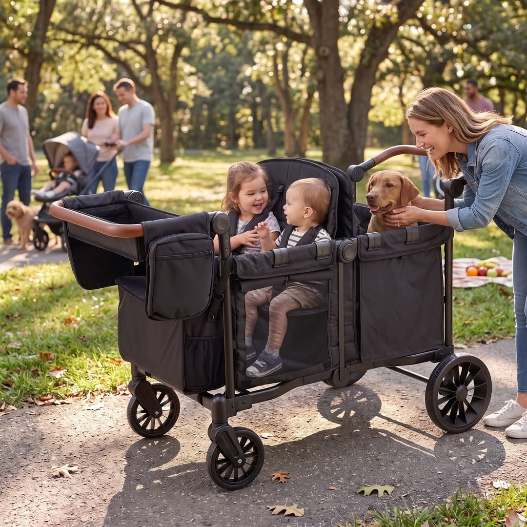 SACVON 4-in-1 Baby Stroller Wagon, 4-Seat Convertible Wagon for Kids with Removable Canopy, Cooler Bag, Adjustable Handle, for Outdoor Camping & Travel, Black - Image 2