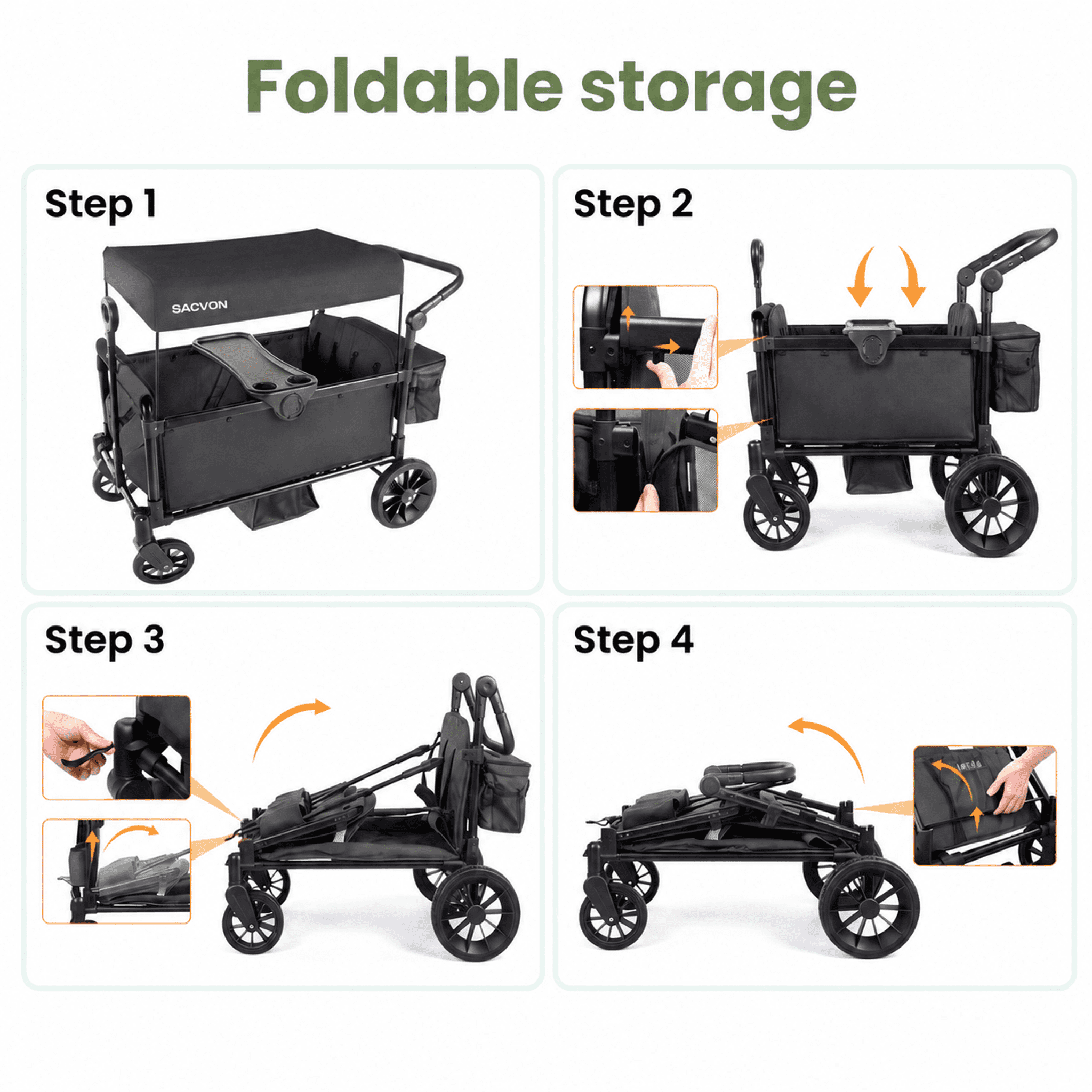 SACVON 4-Seater Stroller Wagon with Side Entry, Canopy & Snack Tray, Includes Detachable Storage Bag That Converts to a Backpack–Black - Image 5