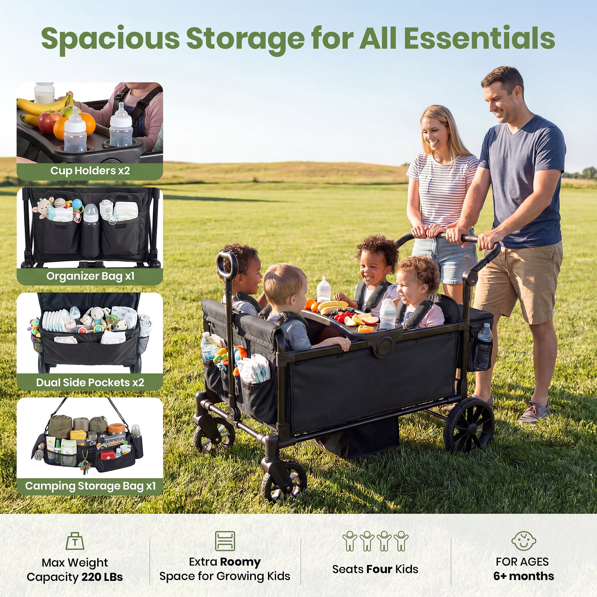 SACVON 4-Seater Stroller Wagon with Side Entry, Canopy & Snack Tray, Includes Detachable Storage Bag That Converts to a Backpack–Black - Image 3