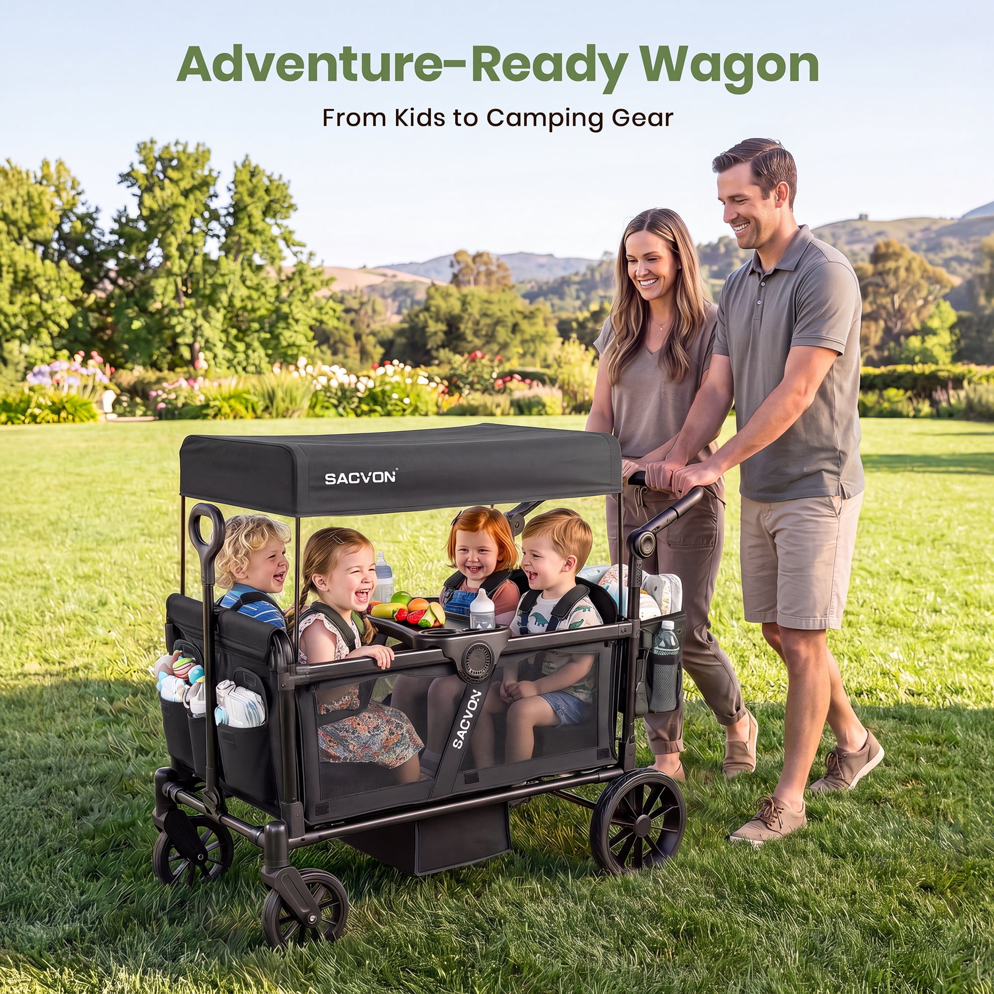 SACVON 4-Seater Stroller Wagon with Side Entry, Canopy & Snack Tray, Includes Detachable Storage Bag That Converts to a Backpack–Black - Image 2