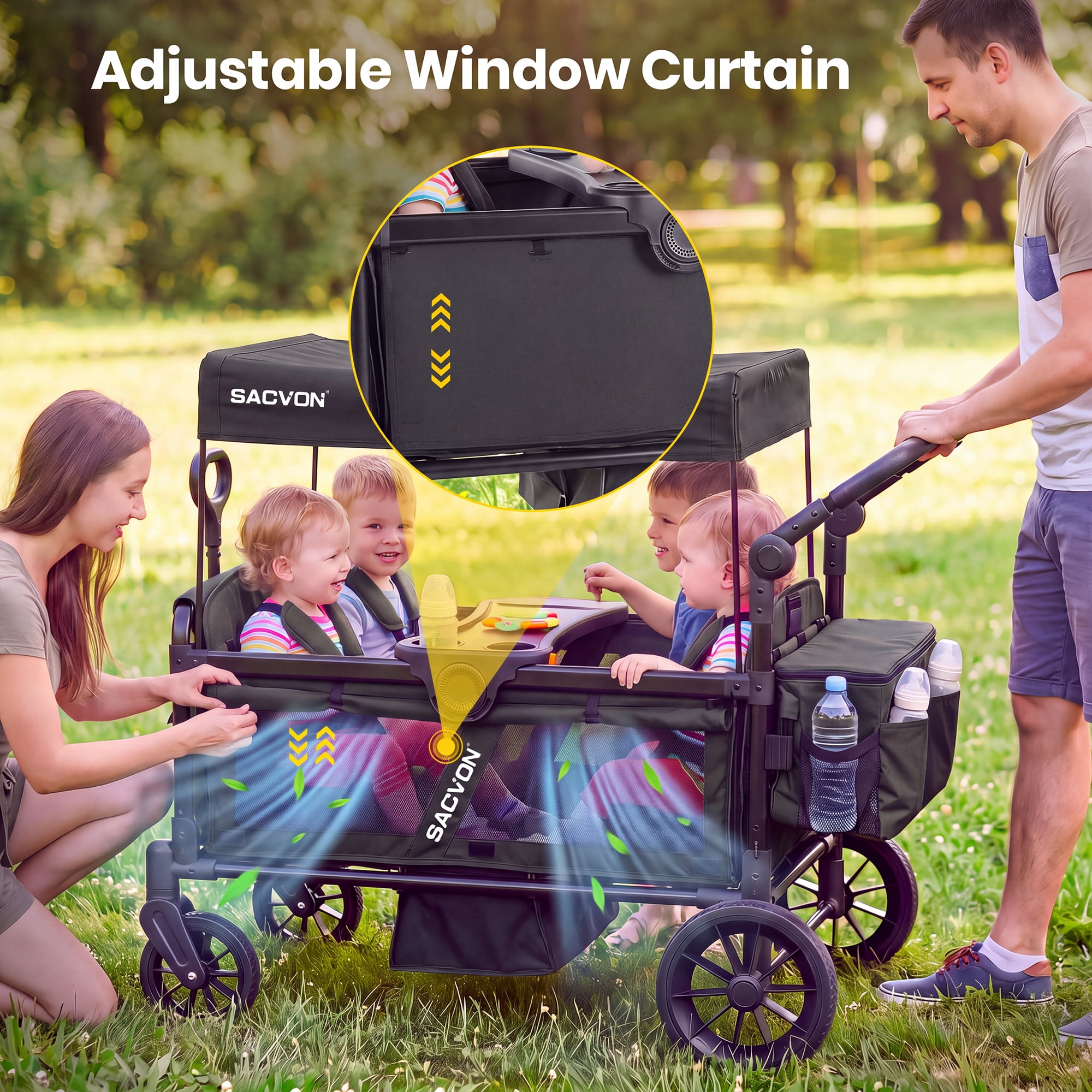 SACVON 4-Seater Stroller Wagon with Side Entry, Canopy & Snack Tray, Includes Detachable Storage Bag That Converts to a Backpack–Black - Image 4