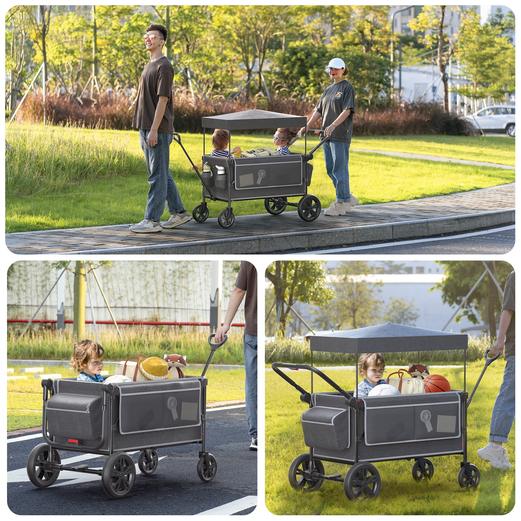 SACVON All-Terrain Stroller Wagon for Toddlers with Canopy, Parent Organizer, Adjustable Handlebar, 2 Cup Holders - Image 2
