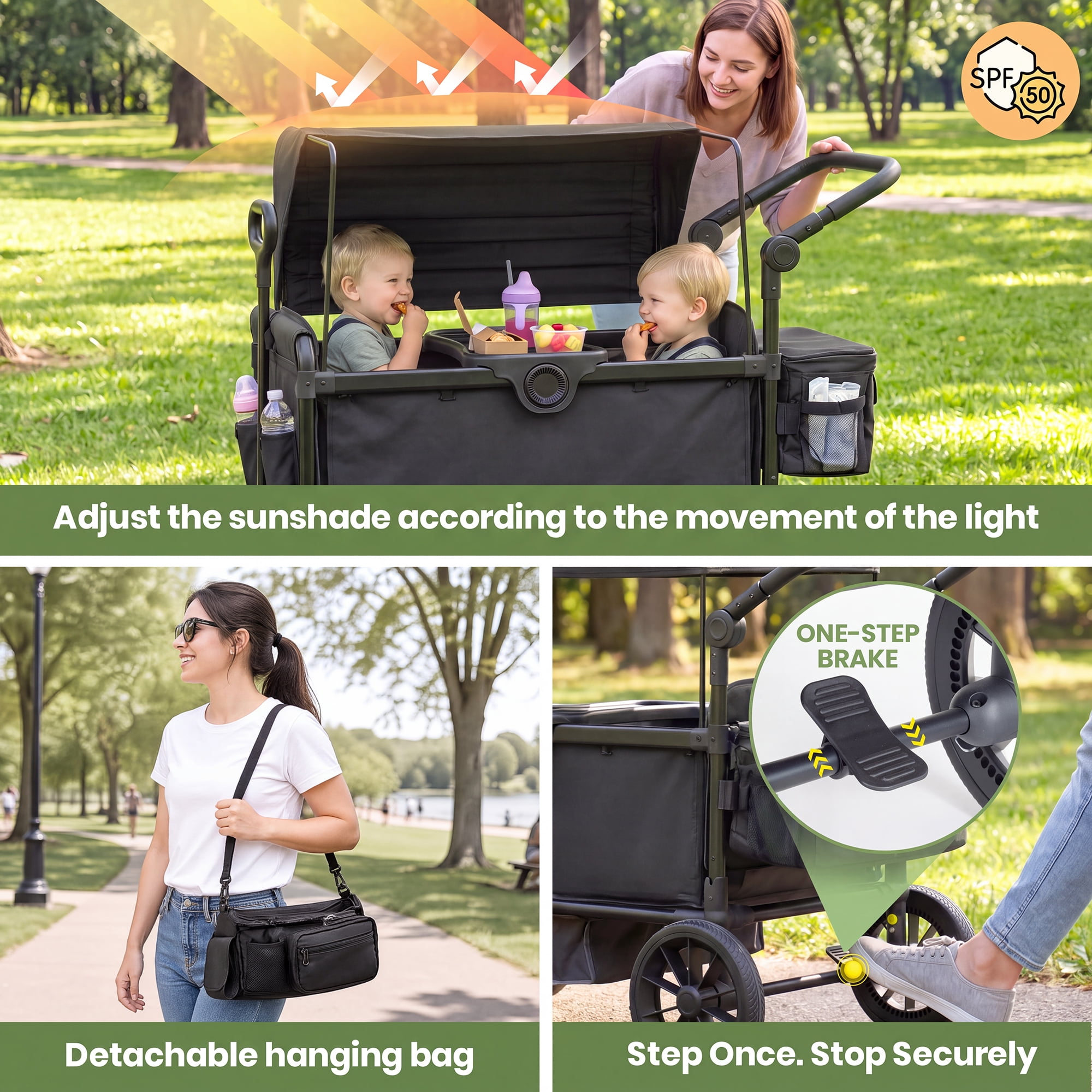 SACVON Wagon Stroller for 2 Toddlers, 4‑in‑1 Collapsible Stroller Wagon with Side Entry, 5‑Point Safety Harness, Adjustable Canopy, Snack Tray & Convertible Backpack Storage Bag, Black - Image 5