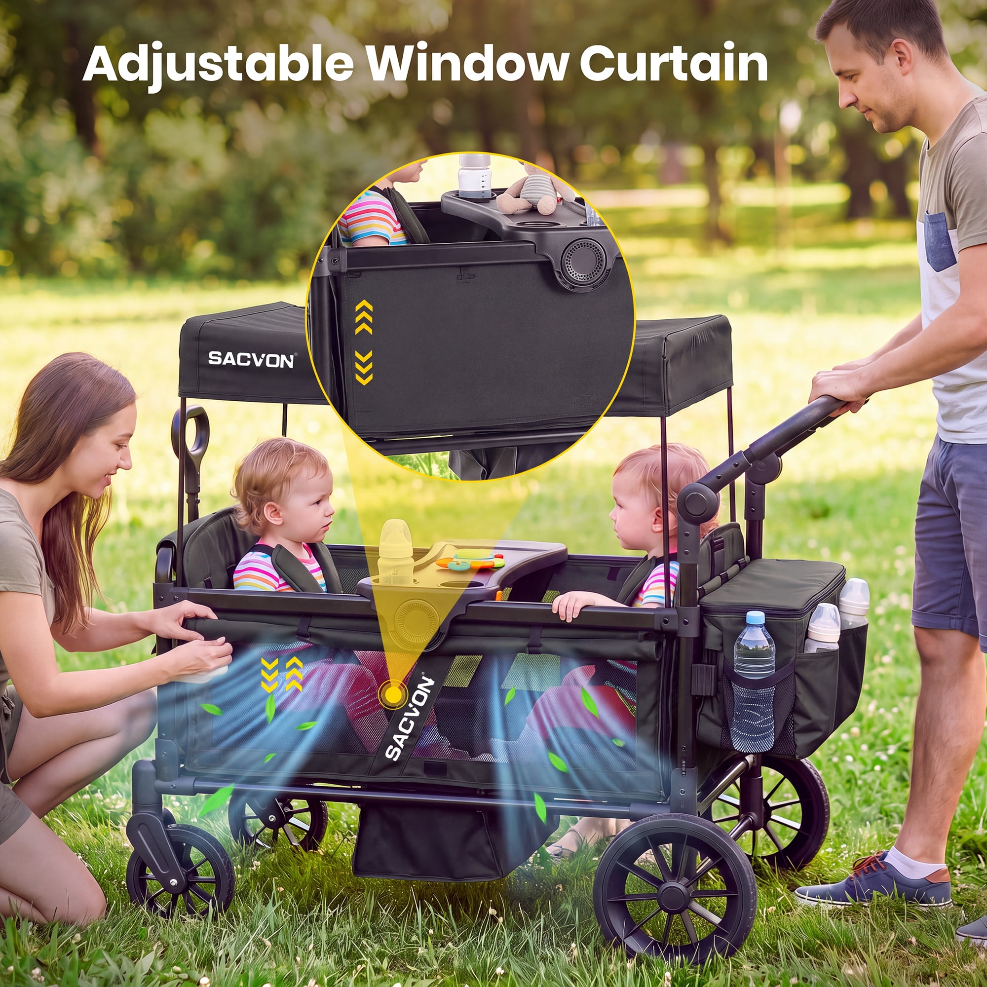 SACVON Wagon Stroller for 2 Toddlers, 4‑in‑1 Collapsible Stroller Wagon with Side Entry, 5‑Point Safety Harness, Adjustable Canopy, Snack Tray & Convertible Backpack Storage Bag, Black - Image 2