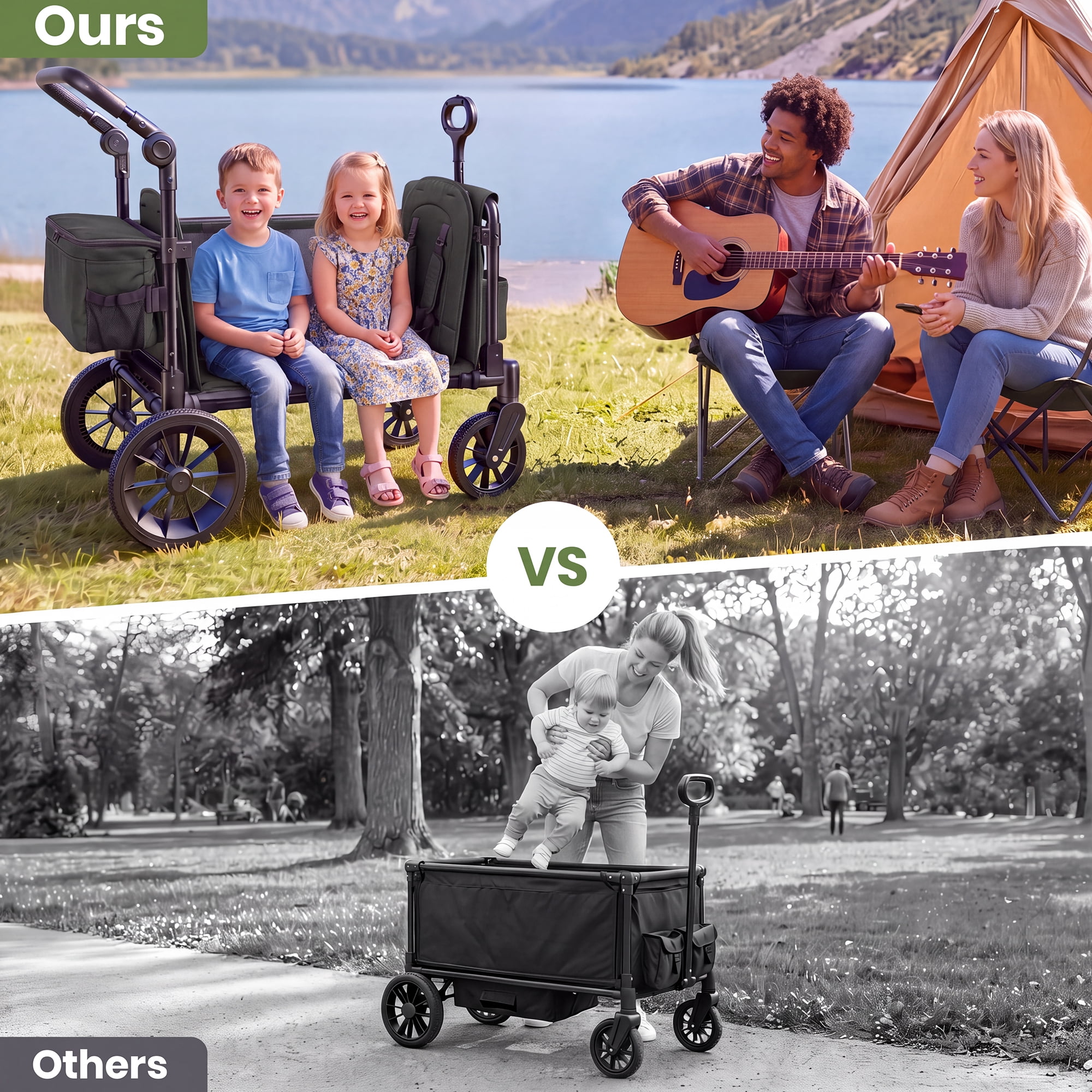 SACVON Wagon Stroller for 2 Toddlers, 4‑in‑1 Collapsible Stroller Wagon with Side Entry, 5‑Point Safety Harness, Adjustable Canopy, Snack Tray & Convertible Backpack Storage Bag, Black - Image 3