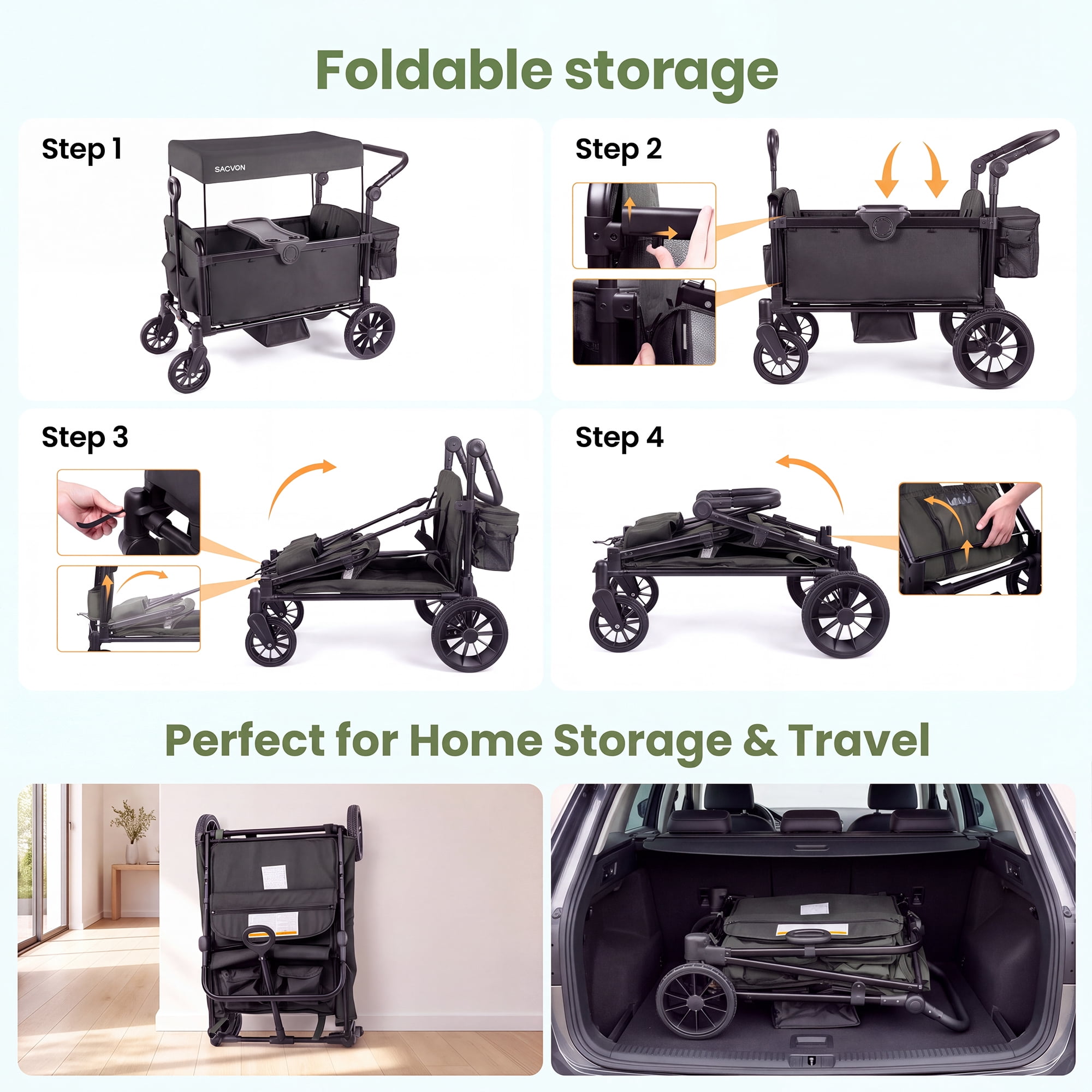 SACVON Wagon Stroller for 2 Toddlers, 4‑in‑1 Collapsible Stroller Wagon with Side Entry, 5‑Point Safety Harness, Adjustable Canopy, Snack Tray & Convertible Backpack Storage Bag, Black - Image 4