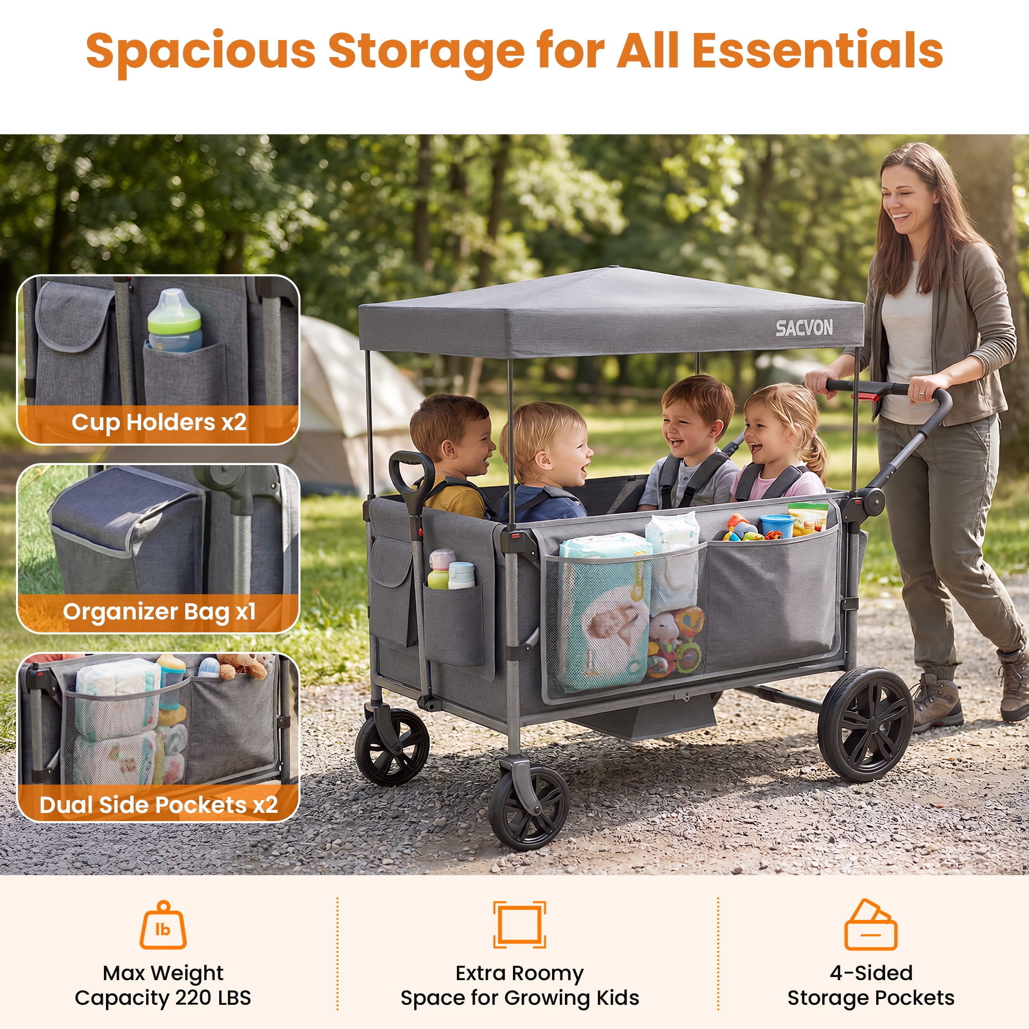 SACVON Wagon Stroller for 4 Kids with 5-Point Harnesses,Detachable Seats Stroller Wagon 4 Seater for Garden,Removable Canopy,Adjustable Handles,Camping Trips,Gray - Image 3