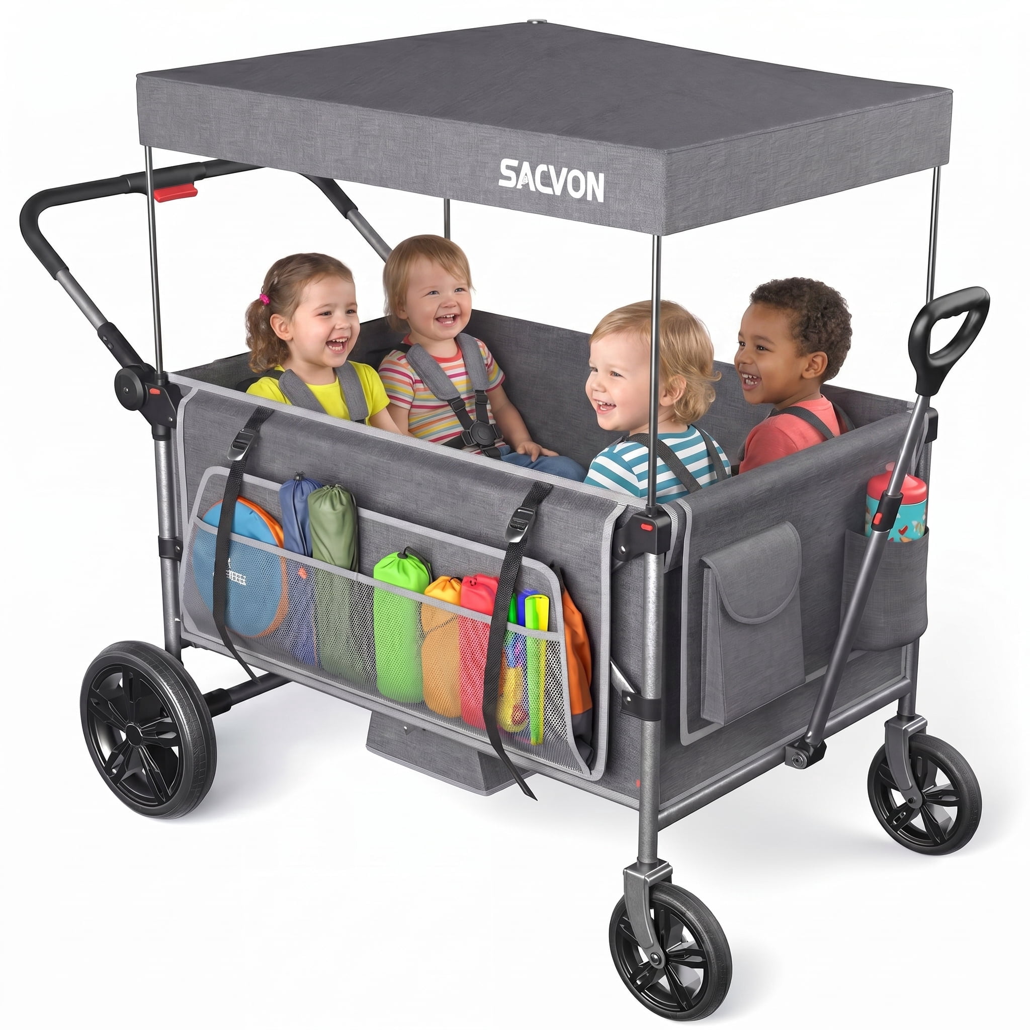 SACVON Wagon Stroller for 4 Kids with 5-Point Harnesses,Detachable Seats Stroller Wagon 4 Seater for Garden,Removable Canopy,Adjustable Handles,Camping Trips,Gray