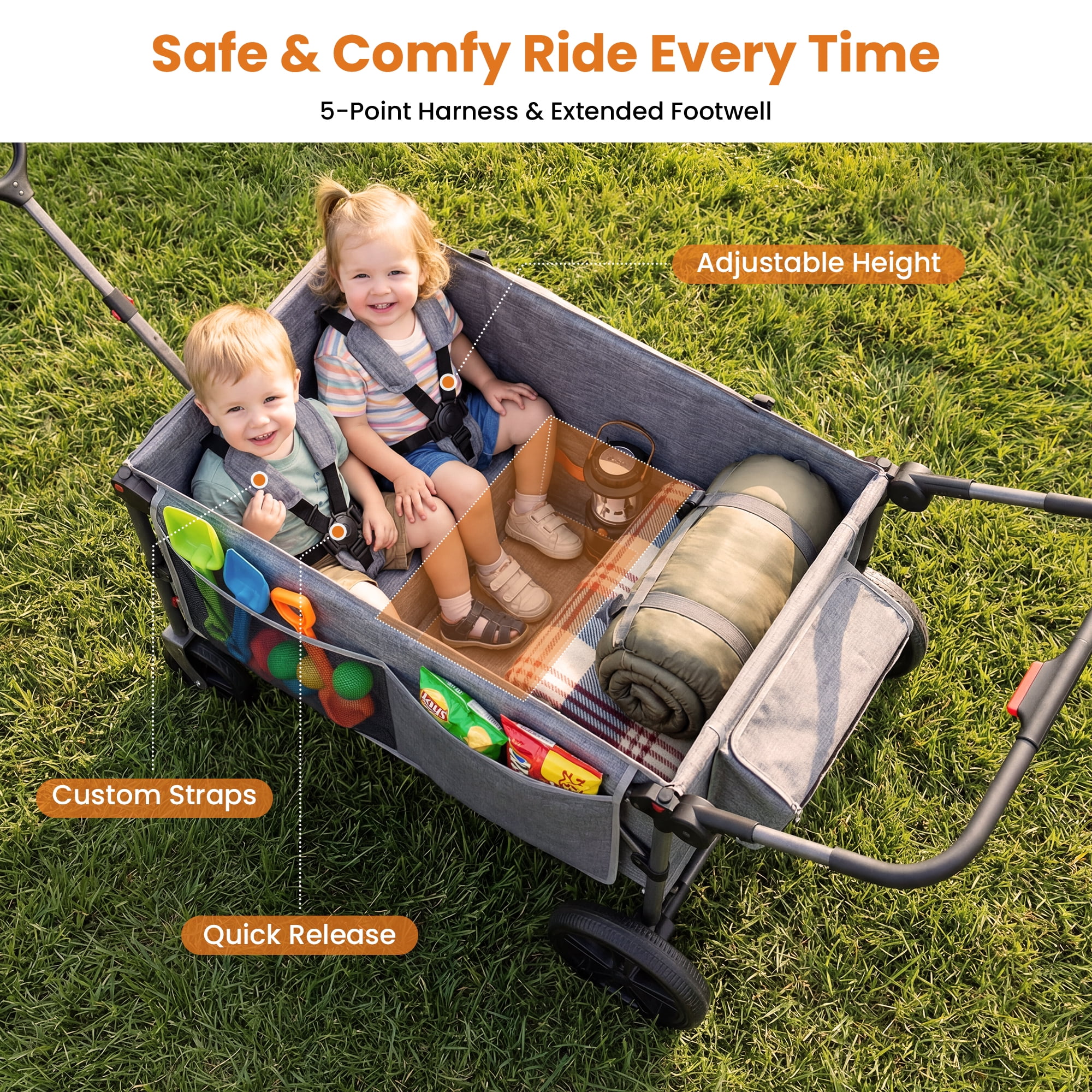SACVON Wagon Stroller for 4 Kids with 5-Point Harnesses,Detachable Seats Stroller Wagon 4 Seater for Garden,Removable Canopy,Adjustable Handles,Camping Trips,Gray - Image 2