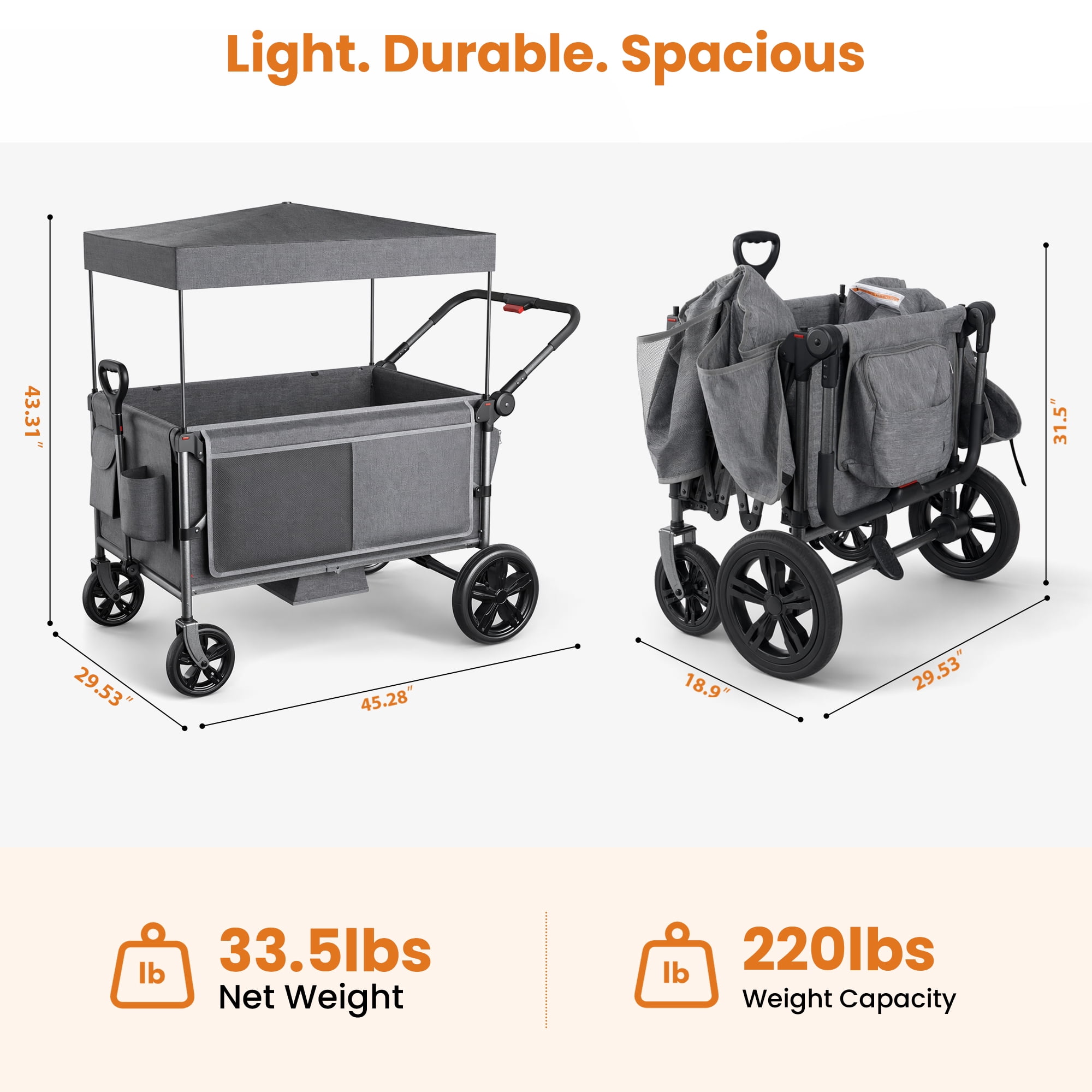 SACVON Wagon Stroller for 4 Kids with 5-Point Harnesses,Detachable Seats Stroller Wagon 4 Seater for Garden,Removable Canopy,Adjustable Handles,Camping Trips,Gray - Image 4