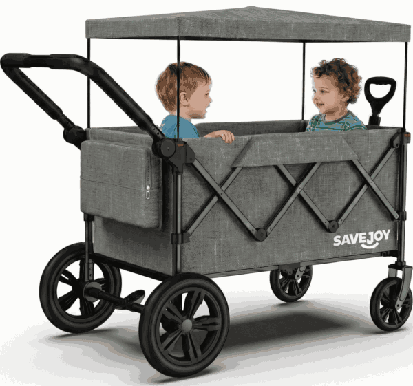 SaveJoy 3-in-1 Stroller Wagon for 2 Kids, Collapsible Toddler Wagon with Removable Canopy, 5-Point Harness and All-Terrain Wheels