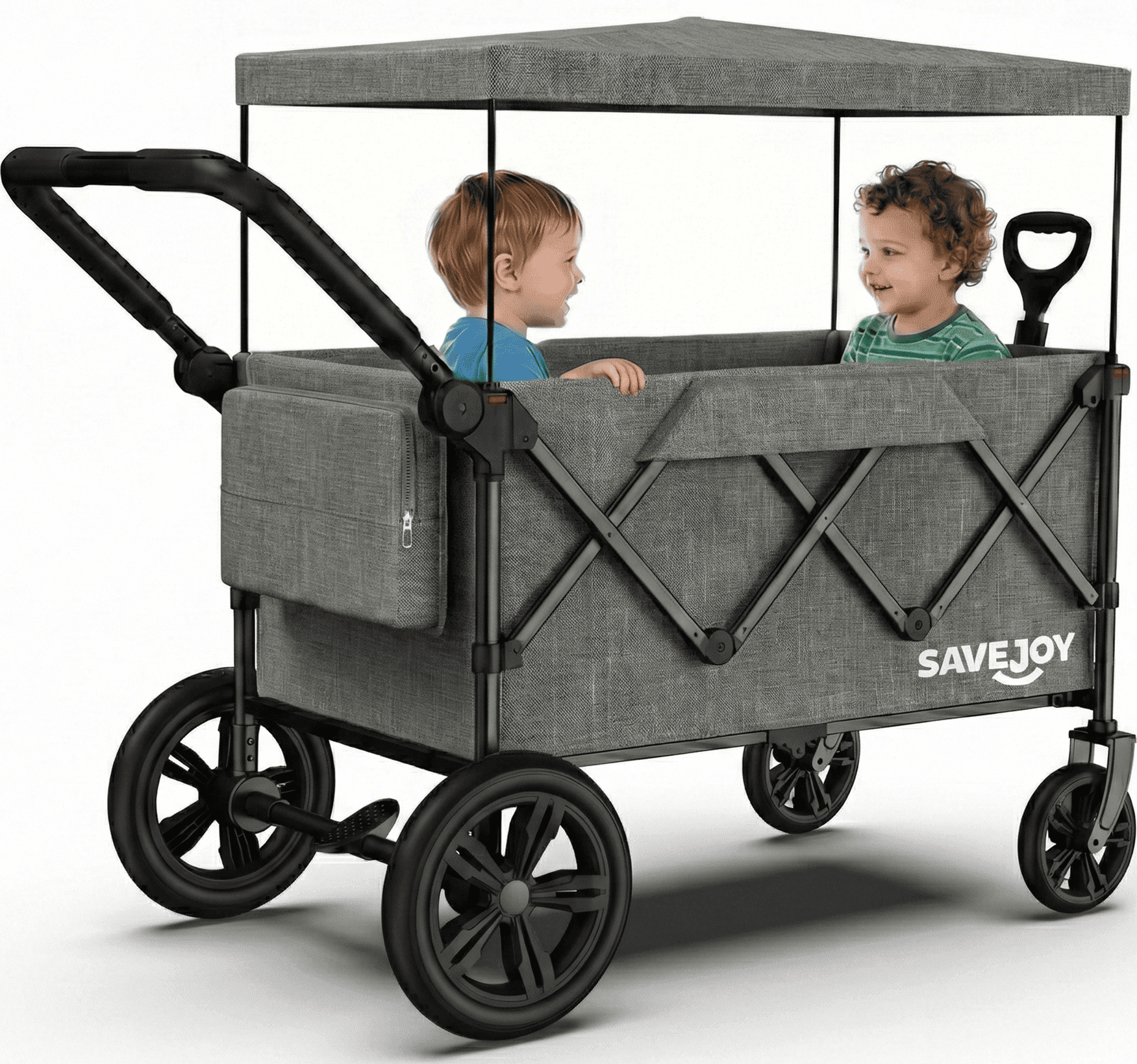SaveJoy 3-in-1 Stroller Wagon for 2 Kids, Collapsible Toddler Wagon with Removable Canopy, 5-Point Harness and All-Terrain Wheels