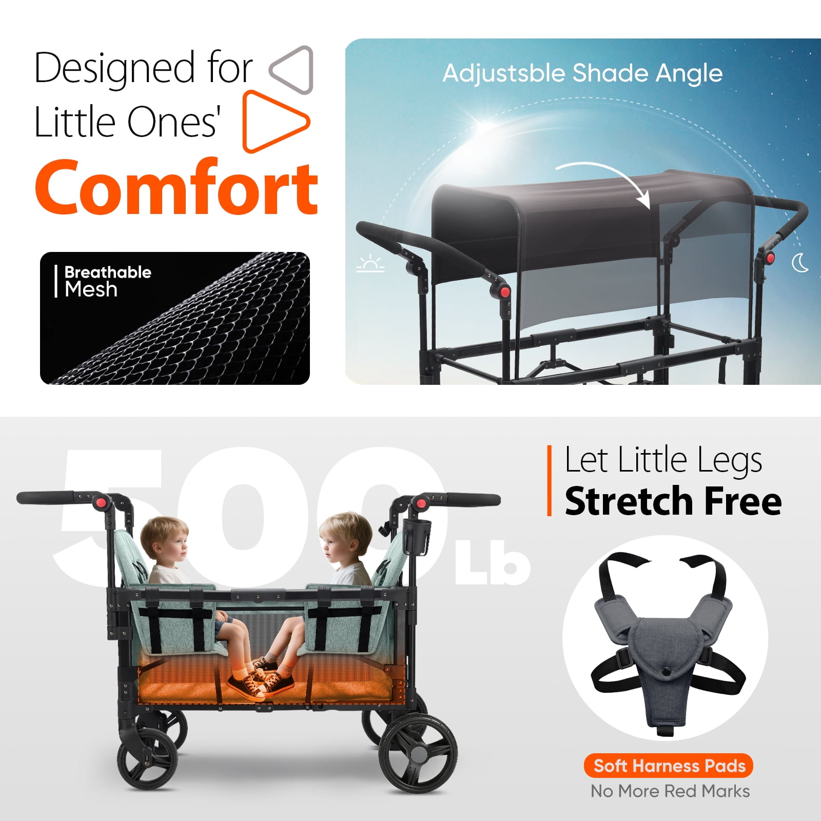 Sekey Wagon Stroller Luxury 4-in-1 Stroller Wagon with Convertible Seats, Adjustable Push Handles, Removable Canopy, Snack Tray & Cooler - Image 5