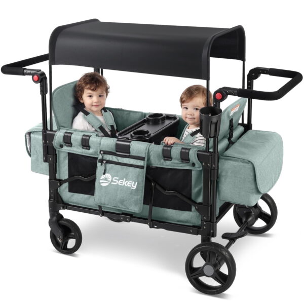 Sekey Wagon Stroller Luxury 4-in-1 Stroller Wagon with Convertible Seats, Adjustable Push Handles, Removable Canopy, Snack Tray & Cooler