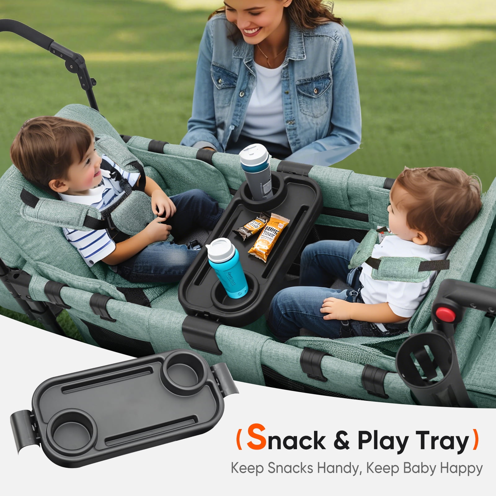 Sekey Wagon Stroller Luxury 4-in-1 Stroller Wagon with Convertible Seats, Adjustable Push Handles, Removable Canopy, Snack Tray & Cooler - Image 3