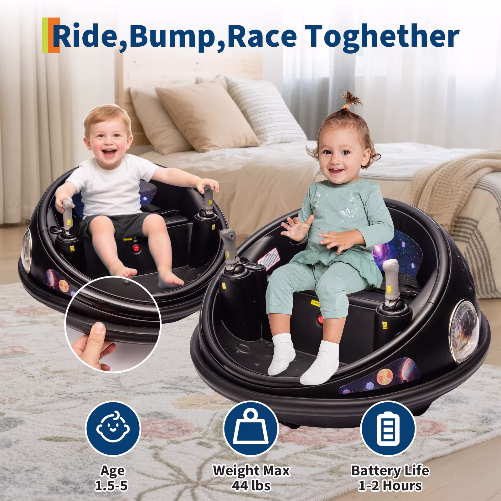 Shininglove 12V Kids Bumper Car with Remote Control, 360° Spinning & LED Lights, 2 Speeds with Slow-Start, Space Theme Ride On Toy for Toddlers 1-5 Years Old - Image 5
