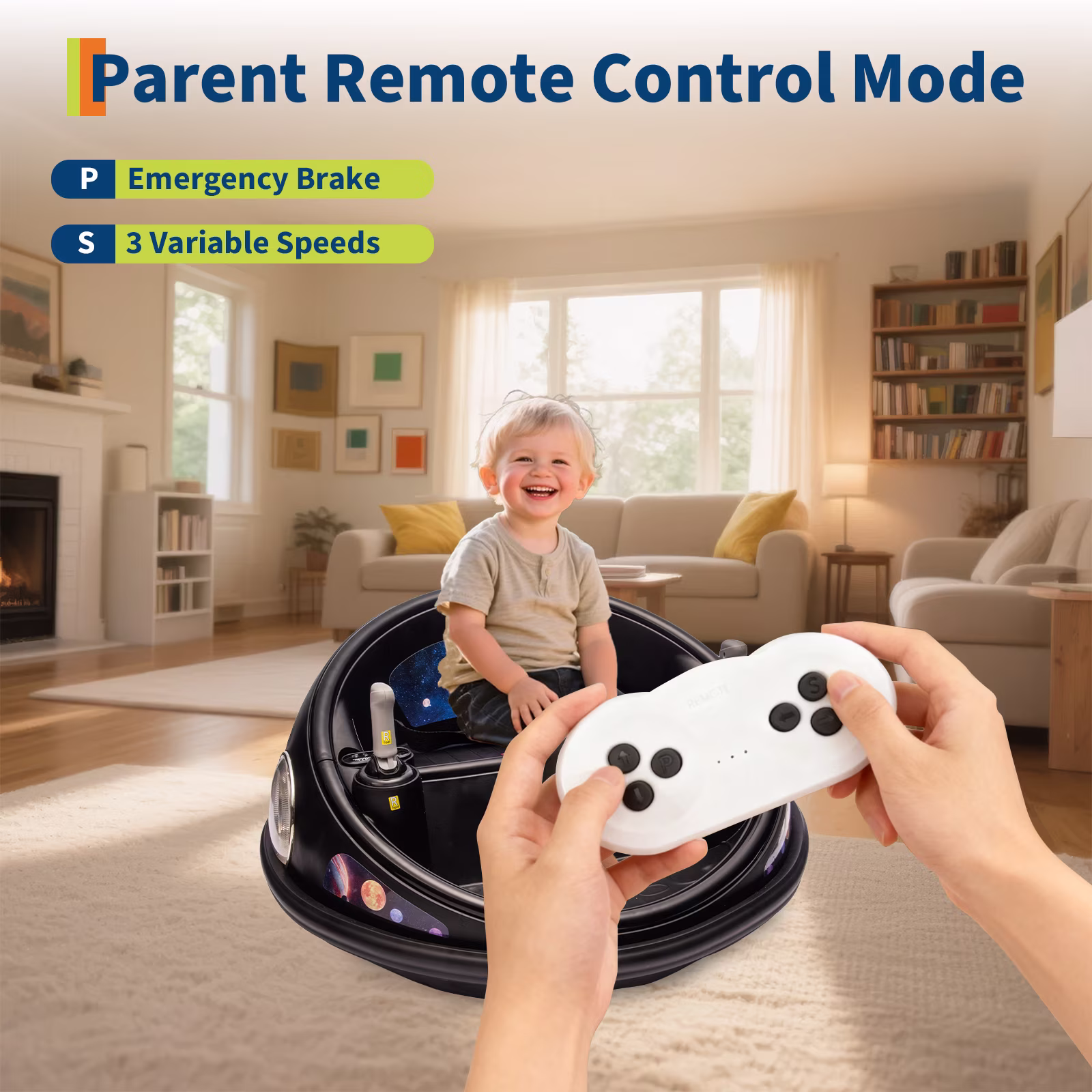 Shininglove 12V Kids Bumper Car with Remote Control, 360° Spinning & LED Lights, 2 Speeds with Slow-Start, Space Theme Ride On Toy for Toddlers 1-5 Years Old - Image 4