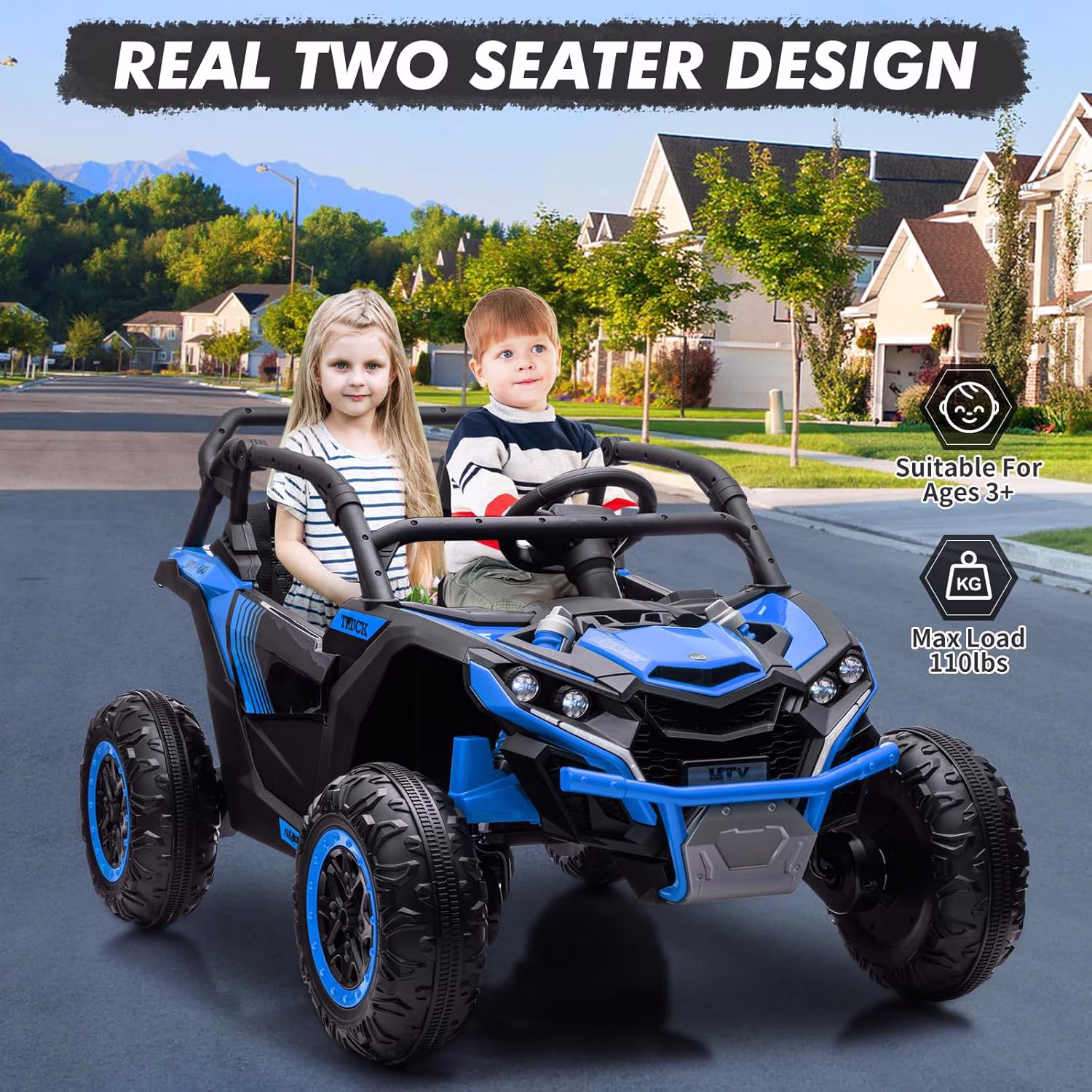 Shininglove 24V Ride on ATV or Kids, 2 Seater 4WD Powered ATV Car with Remote Control, LED Lights, 4 Shock Absorber, 3 Speeds, Horn, Music(Blue) - Image 4