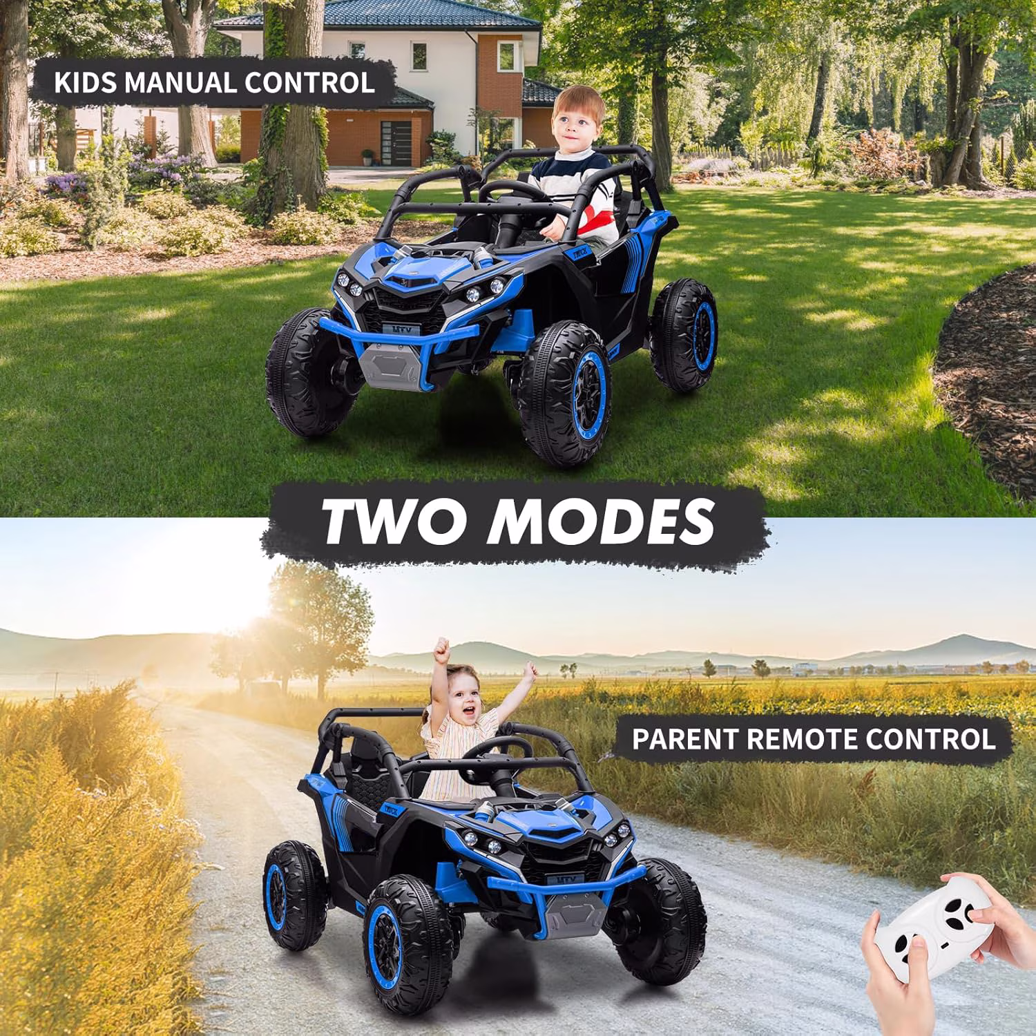 Shininglove 24V Ride on ATV or Kids, 2 Seater 4WD Powered ATV Car with Remote Control, LED Lights, 4 Shock Absorber, 3 Speeds, Horn, Music(Blue) - Image 3