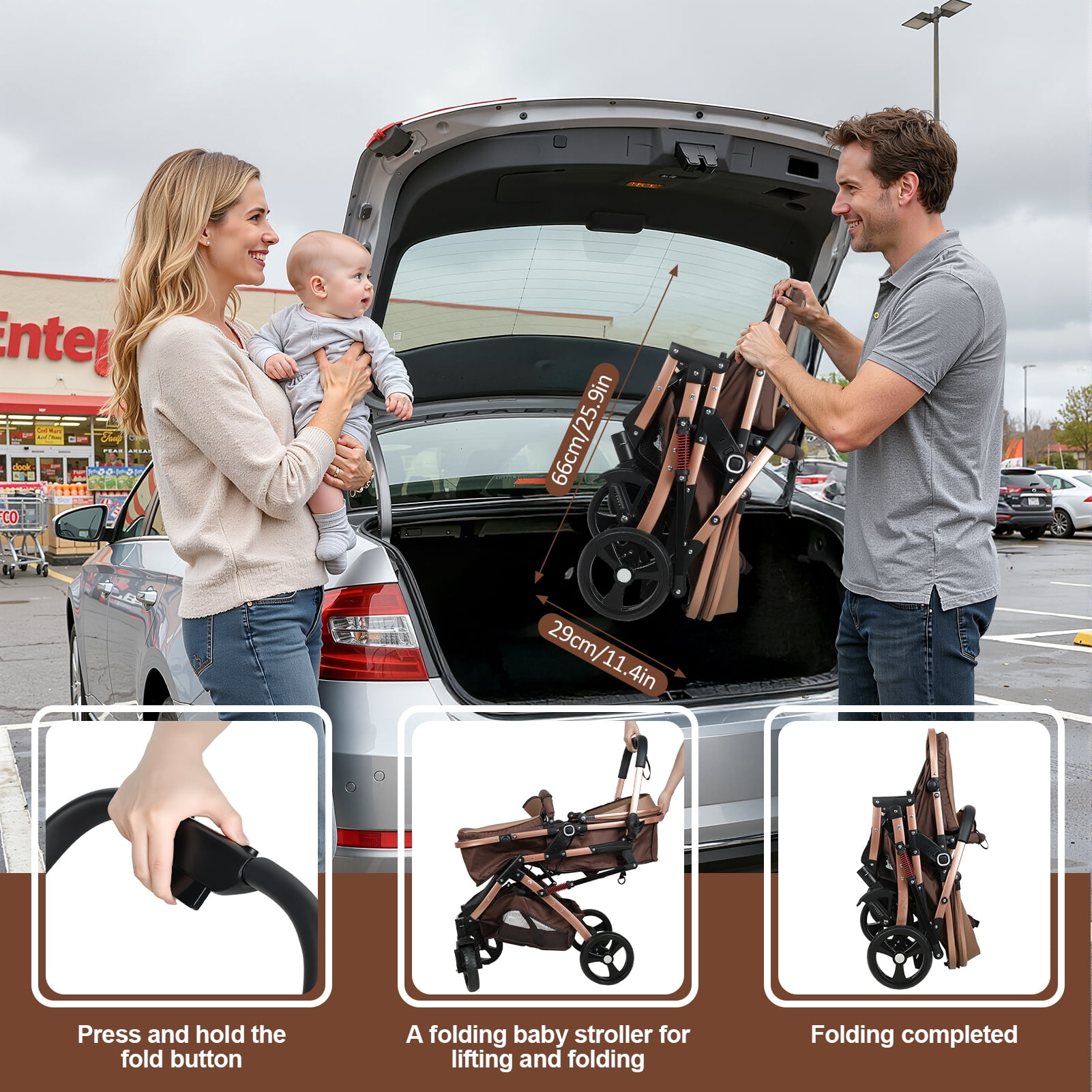 SHUO Y - Convertible Baby Stroller with Bassinet Mode, Adjustable Canopy Reversible Seat Foldable Pushchair, High Landscape Newborn Travel Pram for 0-36 Months Old Babies, Khaki - Image 5