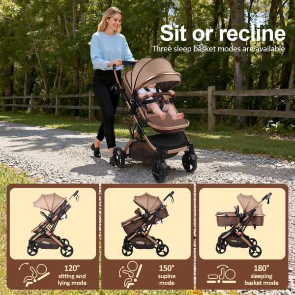 SHUO Y - Convertible Baby Stroller with Bassinet Mode, Adjustable Canopy Reversible Seat Foldable Pushchair, High Landscape Newborn Travel Pram for 0-36 Months Old Babies, Khaki