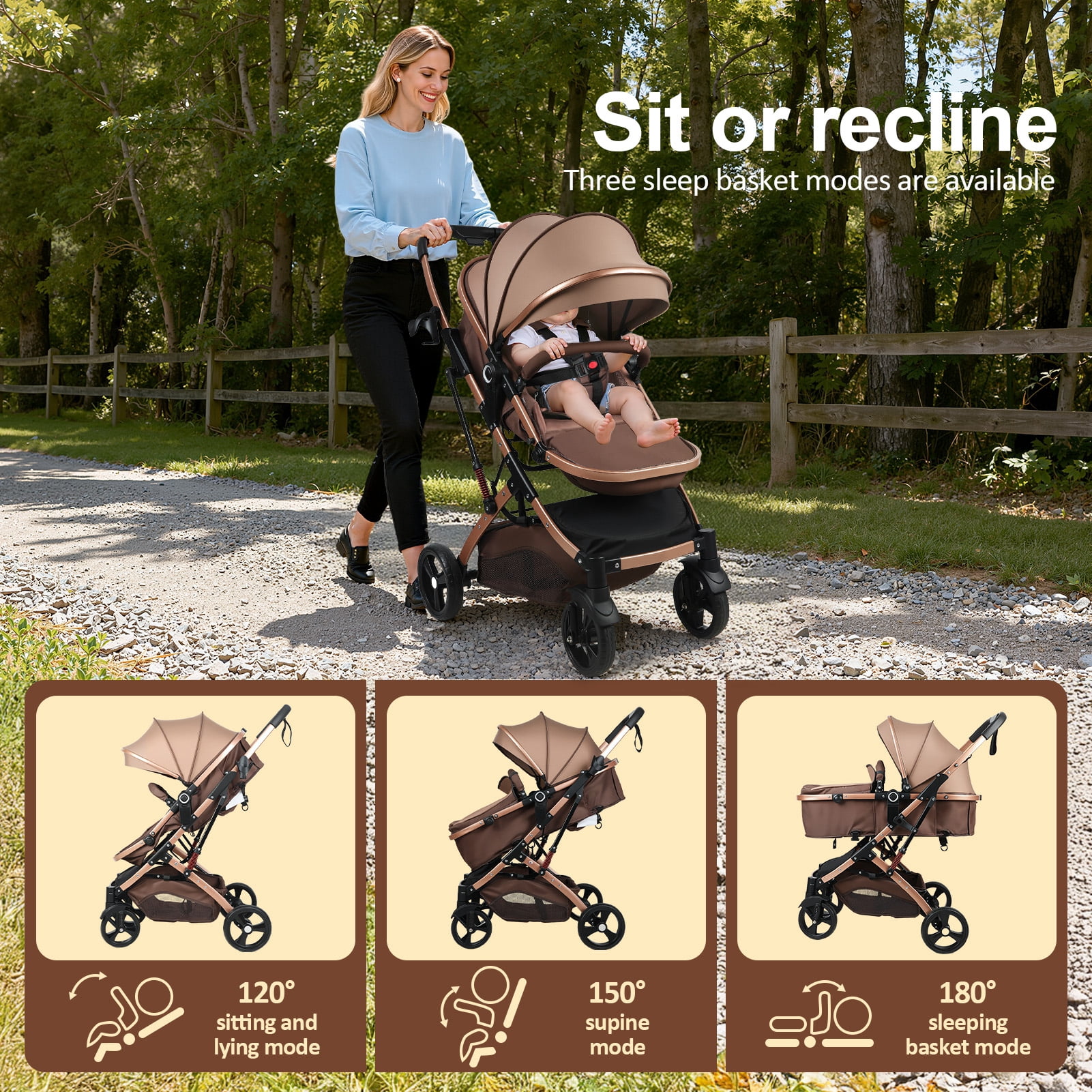 SHUO Y - Convertible Baby Stroller with Bassinet Mode, Adjustable Canopy Reversible Seat Foldable Pushchair, High Landscape Newborn Travel Pram for 0-36 Months Old Babies, Khaki