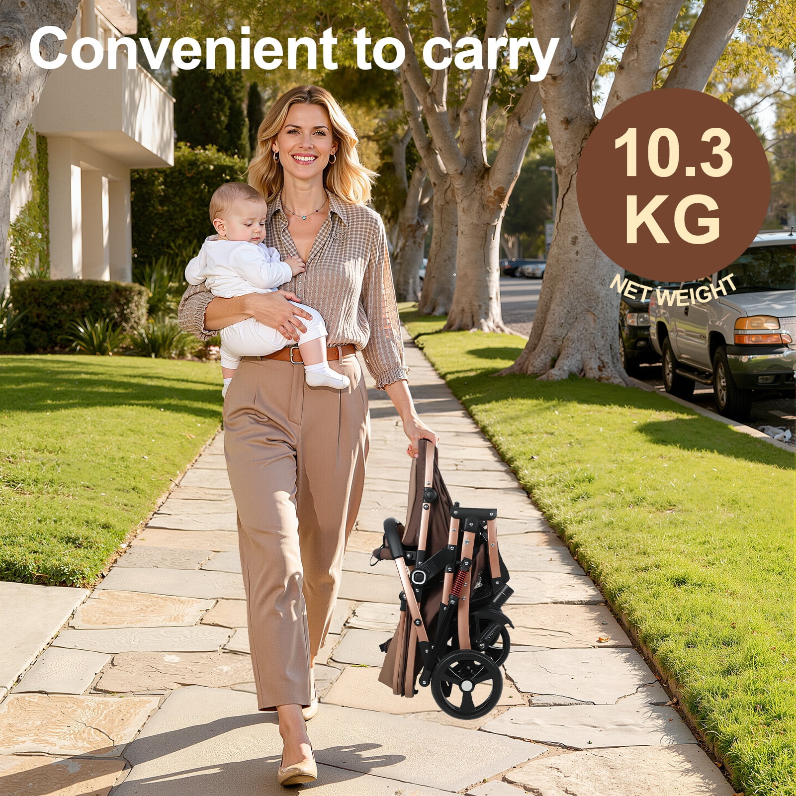 SHUO Y - Convertible Baby Stroller with Bassinet Mode, Adjustable Canopy Reversible Seat Foldable Pushchair, High Landscape Newborn Travel Pram for 0-36 Months Old Babies, Khaki - Image 4