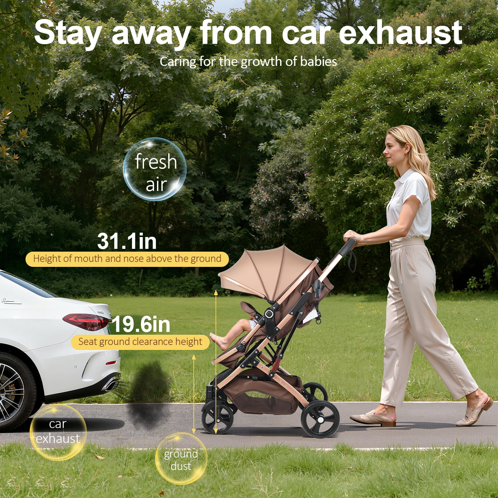 SHUO Y - Convertible Baby Stroller with Bassinet Mode, Adjustable Canopy Reversible Seat Foldable Pushchair, High Landscape Newborn Travel Pram for 0-36 Months Old Babies, Khaki - Image 3