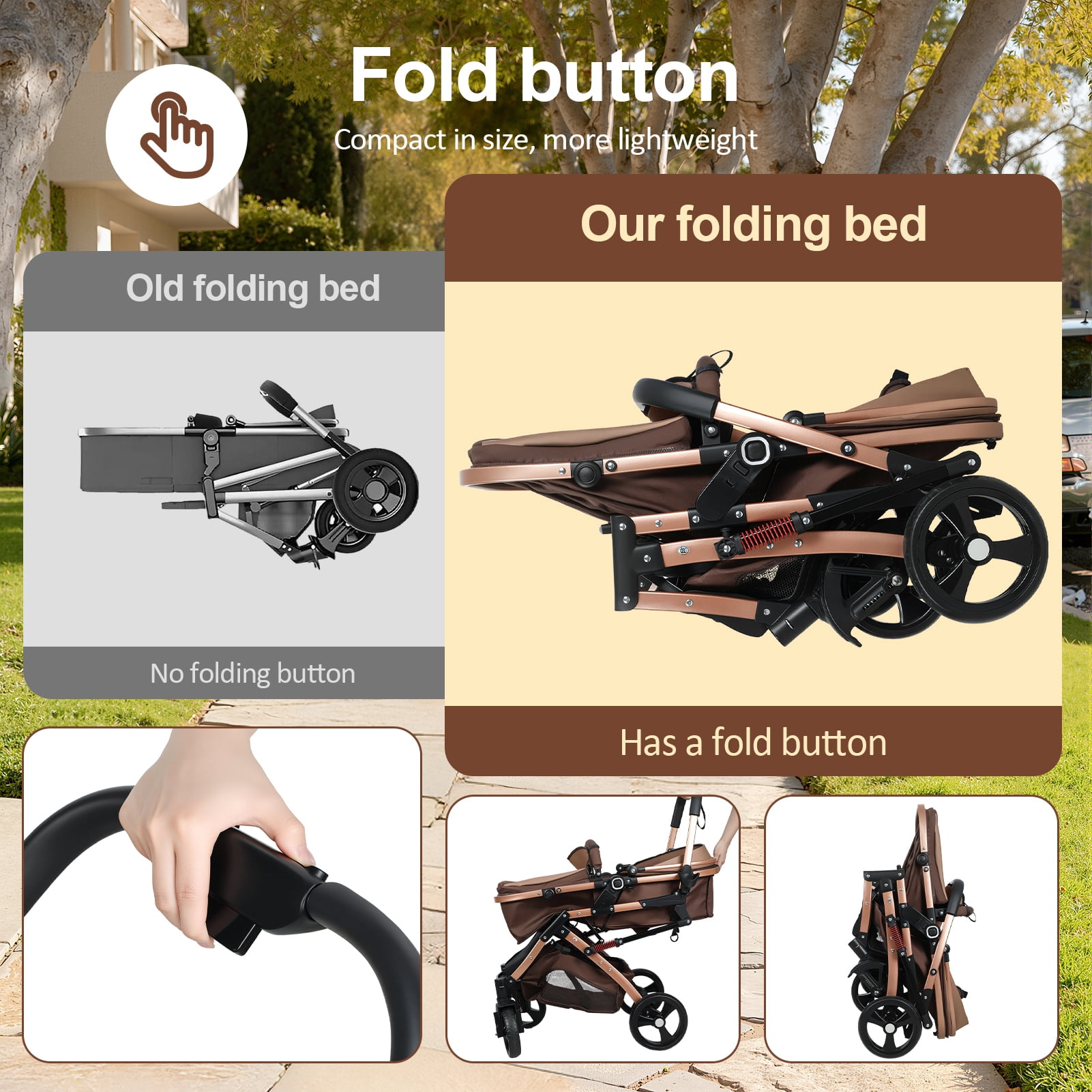 SHUO Y - Convertible Baby Stroller with Bassinet Mode, Adjustable Canopy Reversible Seat Foldable Pushchair, High Landscape Newborn Travel Pram for 0-36 Months Old Babies, Khaki - Image 2