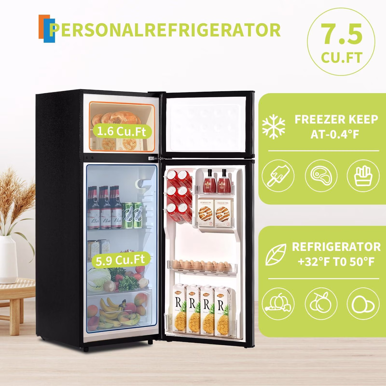Silver 7.5 Cu.ft Two Door Compact Mini Refrigerator with Freezer - Image 4